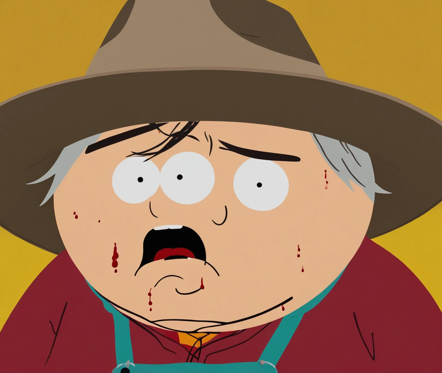 a close up of a cartoon character with a hat and a Too much blood, in style of south park, eric cartman, eric cartman in real life, south park, south park style, grey hair and a cowboy hat, caracter with brown hat, dale gribble, old man, senko-san, character with a hat, animation still screencap