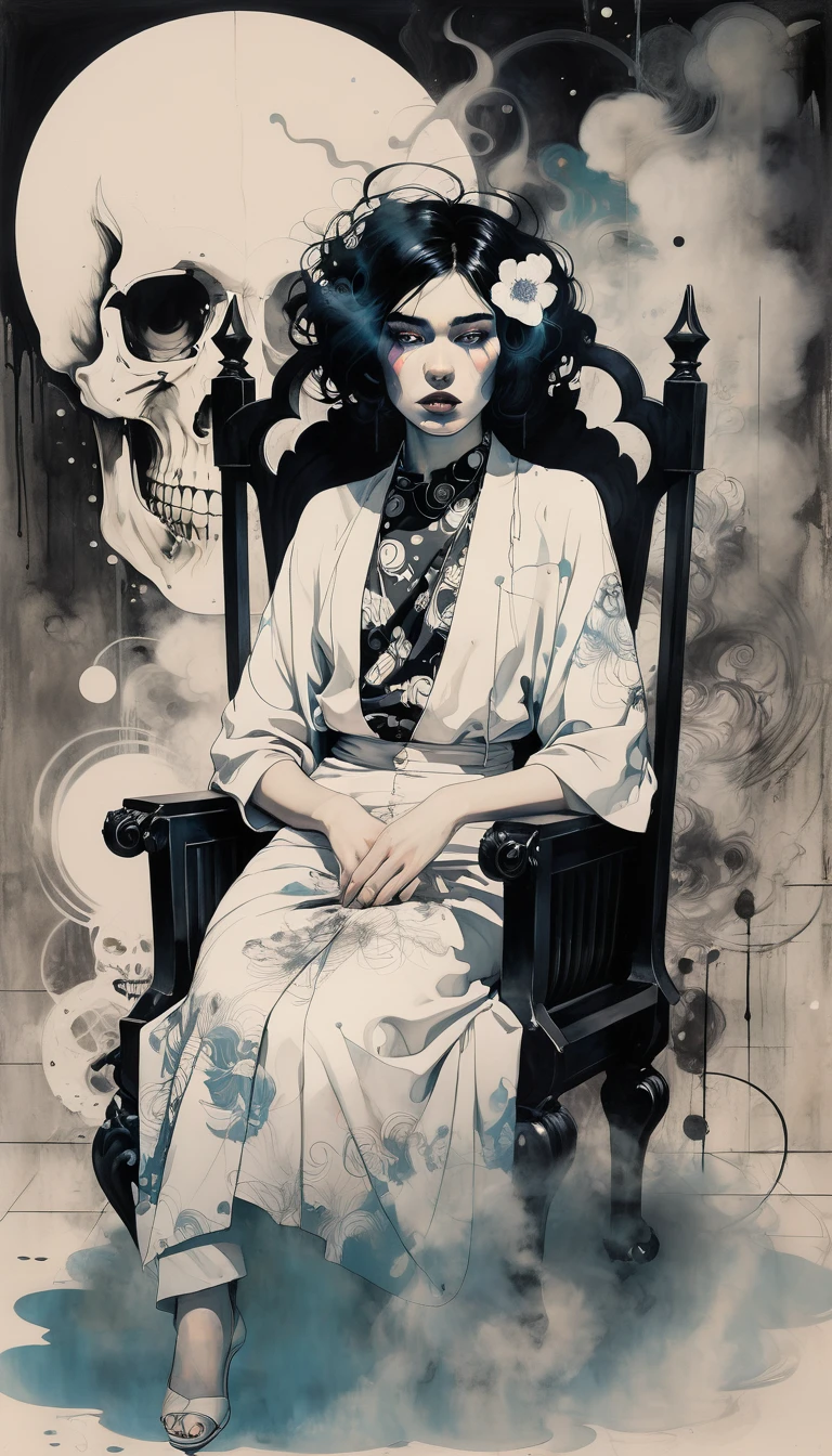 (Dua Lipa) is a beautiful charming vampire queen sitting on a throne, carved out of dark smoke, pale skin,dark fantasy background, black, circular colored smoke, waves of shadows at night, abstract skull ornaments, messy hair, soft colors, flat 4d street art in the style of adrian ghenie, esao andrews, jenny saville , edward hopper, surrealism, james jean dark, takato yamamoto, inkpunk minimalism, , detailed eyes with circular iris, seamless geometric pattern harmony, luminogram, iron gall ink, art by Russ Mills, Sakimichan,, by GIlSam -paio octane rendering depicting innovation and truth, 8k, by Lee Jeffries, depth - Gs studio