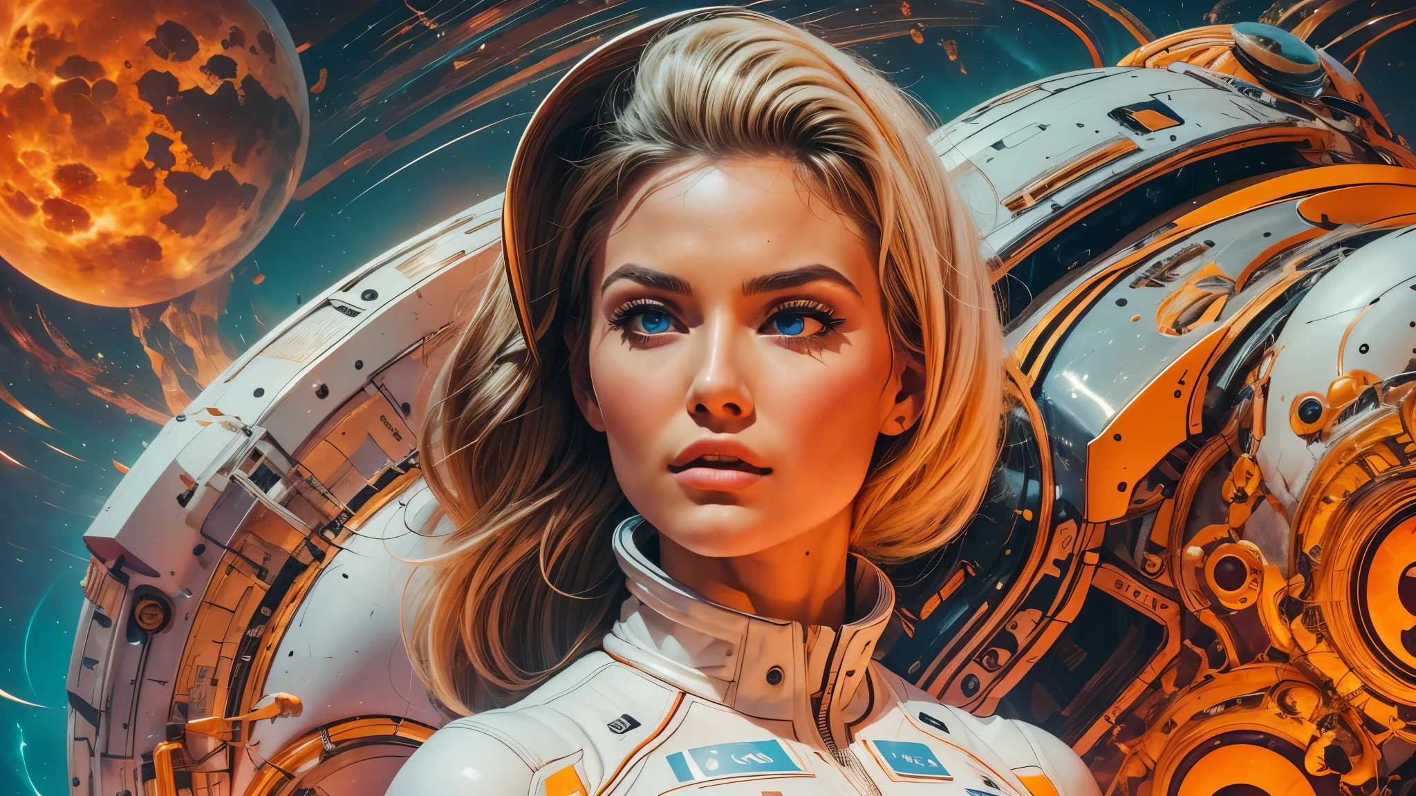 arafed image of a white woman in a futuristic suit with a spaceship in the background, movie art, in front of an orange background, inspired by Robert McGinnis, female protagonist, megastructure in the background, portrait of an ai astronaut, astronauts, an astronaut, portrait of a astronaut skeletor, perfect android girl, detailed eyes, perfectly detailed teeth, frank franzzeta and sakimichan