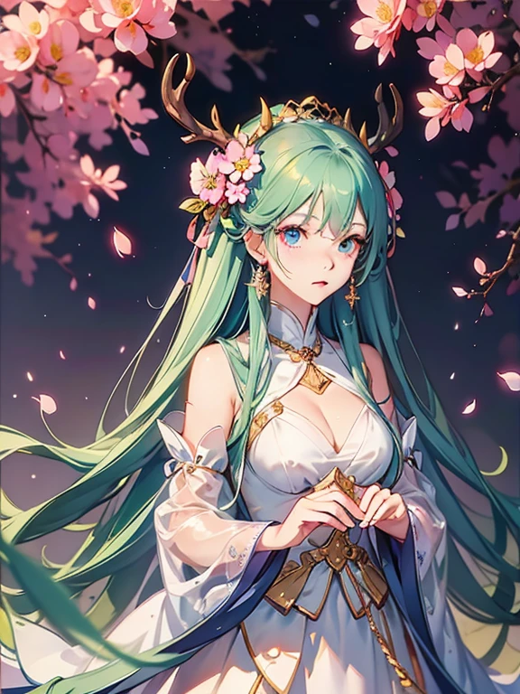 Long white hair,flowers in hand,White Dress, Huge cleavage,Flat Chest,There are antlers on the head,Cherry blossoms in the background,need,pleasing to the eyes