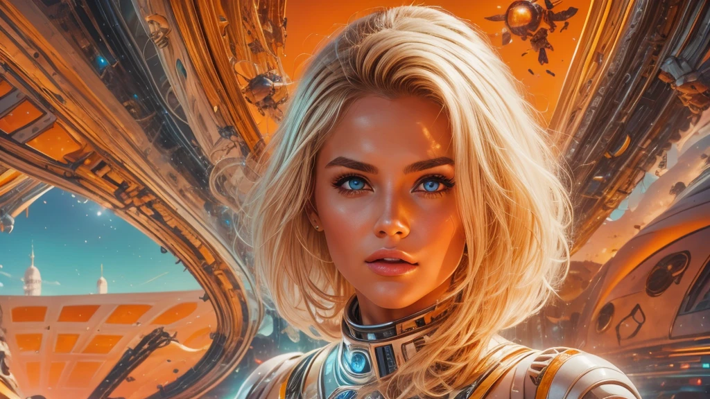 arafed image of a white woman in a futuristic suit with a spaceship in the background, movie art, in front of an orange background, inspired by Robert McGinnis, female protagonist, megastructure in the background, portrait of an ai astronaut, astronauts, an astronaut, portrait of a astronaut skeletor, perfect android girl, detailed eyes, perfectly detailed teeth, frank franzzeta and sakimichan