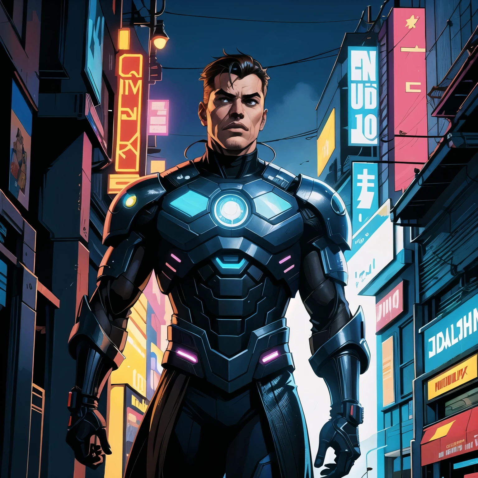 (melhor qualidade:1.3), (melhor performance:1.2), (best illustration:1.2), (comic style:1.2), (artistic cinematic lighting:1.2) (1 homem) wearing futuristic technological Cyberpunk electronic robes, its body is covered in metallic parts, in a cinematic horror movie setting in a futuristic Cyberpunk city.