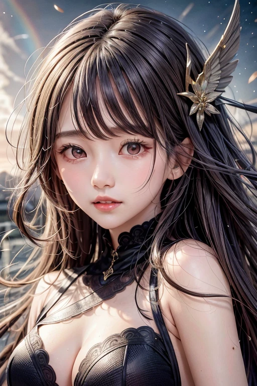 highest quality, Best image quality, RAW Photos, Genuine, detailed,
good looking,
fair and shiny skin,
eyes are big and bright,
Small mouth and thin lips,
Long black hair blowing in the wind,
Stylish and slim,
She has a bright personality and a cute smile,
Fantasy costume with cute details and open chest,
Portrait of a Girl,
A beautiful girl illuminated by rainbow light,