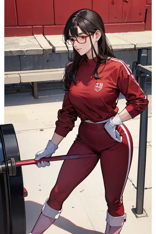 A dark-haired, glasses-wearing mature woman wearing a red long-sleeved gym uniform and red gym pants with pink rubber gloves and white rubber boots in a schoolyard