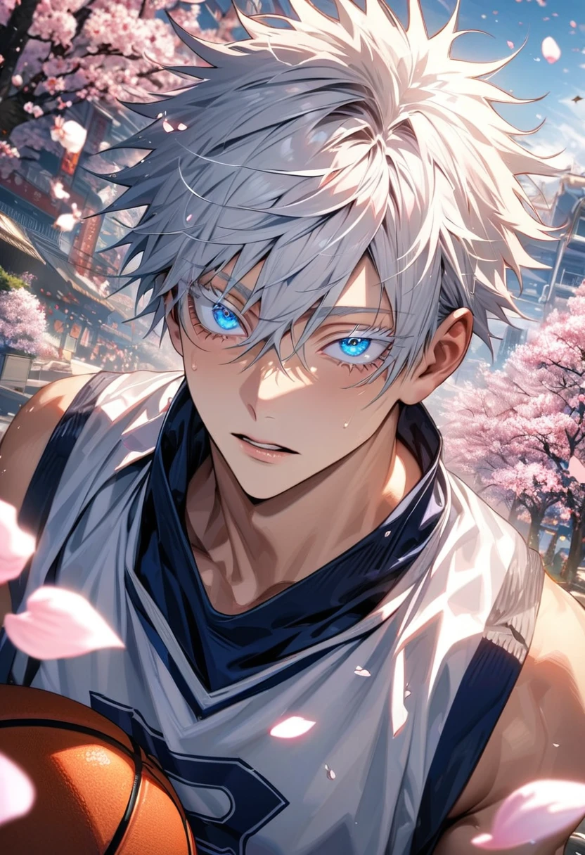 absurdres, highres, ultra detailed, HDR, masterpiece, extremely detailed face and eyes, Gojo Satoru, white hair with bangs, hair between the eyes, expressive blue eyes, white eyelashes, Jujutsu Kaisen, solo, sexy man, handsome, basketball uniform, spring, blossoms, petals, birds