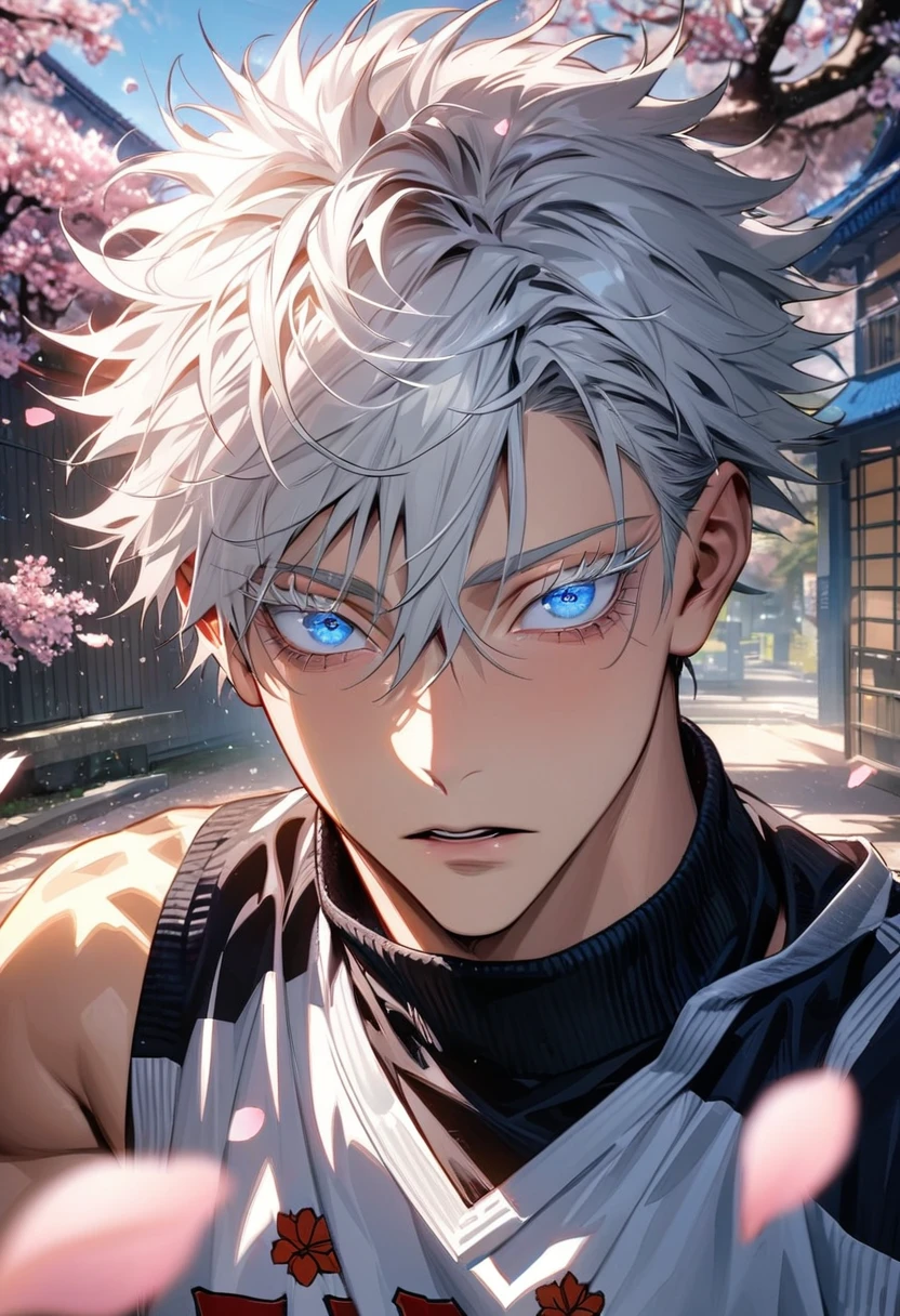 absurdres, highres, ultra detailed, HDR, masterpiece, extremely detailed face and eyes, Gojo Satoru, white hair with bangs, hair between the eyes, expressive blue eyes, white eyelashes, Jujutsu Kaisen, solo, sexy man, handsome, basketball uniform, spring, blossoms, petals, birds