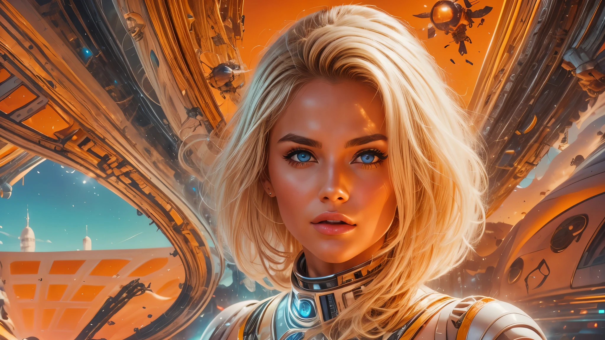 arafed image of a white woman in a futuristic suit with a spaceship in the background, movie art, in front of an orange background, inspired by Robert McGinnis, female protagonist, megastructure in the background, portrait of an ai astronaut, astronauts, an astronaut, portrait of a astronaut skeletor, perfect android girl, detailed eyes, perfectly detailed teeth, frank franzzeta and sakimichan