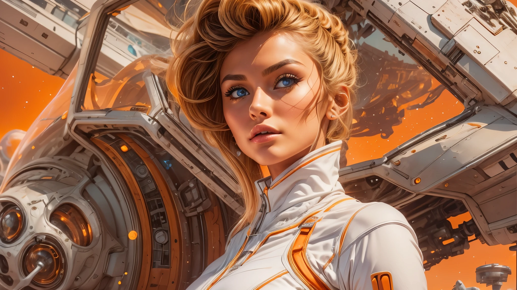 arafed image of a white woman in a futuristic suit with a spaceship in the background, movie art, in front of an orange background, inspired by Robert McGinnis, female protagonist, megastructure in the background, portrait of an ai astronaut, astronauts, an astronaut, portrait of a astronaut skeletor, perfect android girl, detailed eyes, perfectly detailed teeth, frank franzzeta and sakimichan