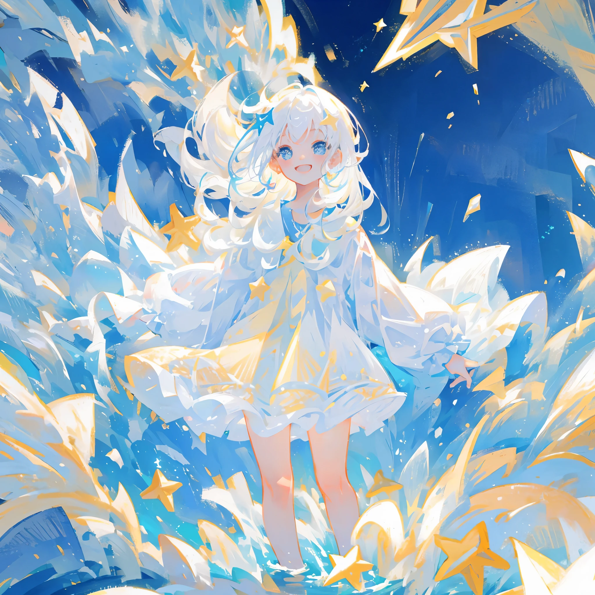 an ocean of stars, night sky, colorful, ethereal, charming girl in a white tutu, white hair, walking on the water, Her smile was filled with tenderness and joy