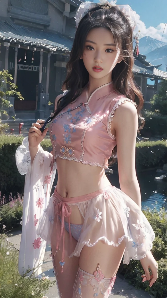 with blue sky and white cloudountain in the distance，pink flowers that，cherry tree，Hanfu woman,Phoenix Crown Tiara、Meticulous embroidery、Wearing Hanfu pantyhose、Wearing sleeveless Hanfu、Clear panties are clearly visible、Look at panties and panties、Bare oversized breasts、raw,(8K、top-quality、tmasterpiece:1.8)、(intricately details:1.8)、(Reality:1.8)、octane renderings、Complex 3D Rendering Ultra Detail, Studio soft light, Edge lights, vibrant detail, super detailing, realistic skin textures, detailface, beautidful eyes, Very detailed CG Unity 16k wallpaper, cosmetics, (detailedbackground:2.0), Skin glows、spread your legs，Camel toe showing thigh!!! show the pussy. open leg