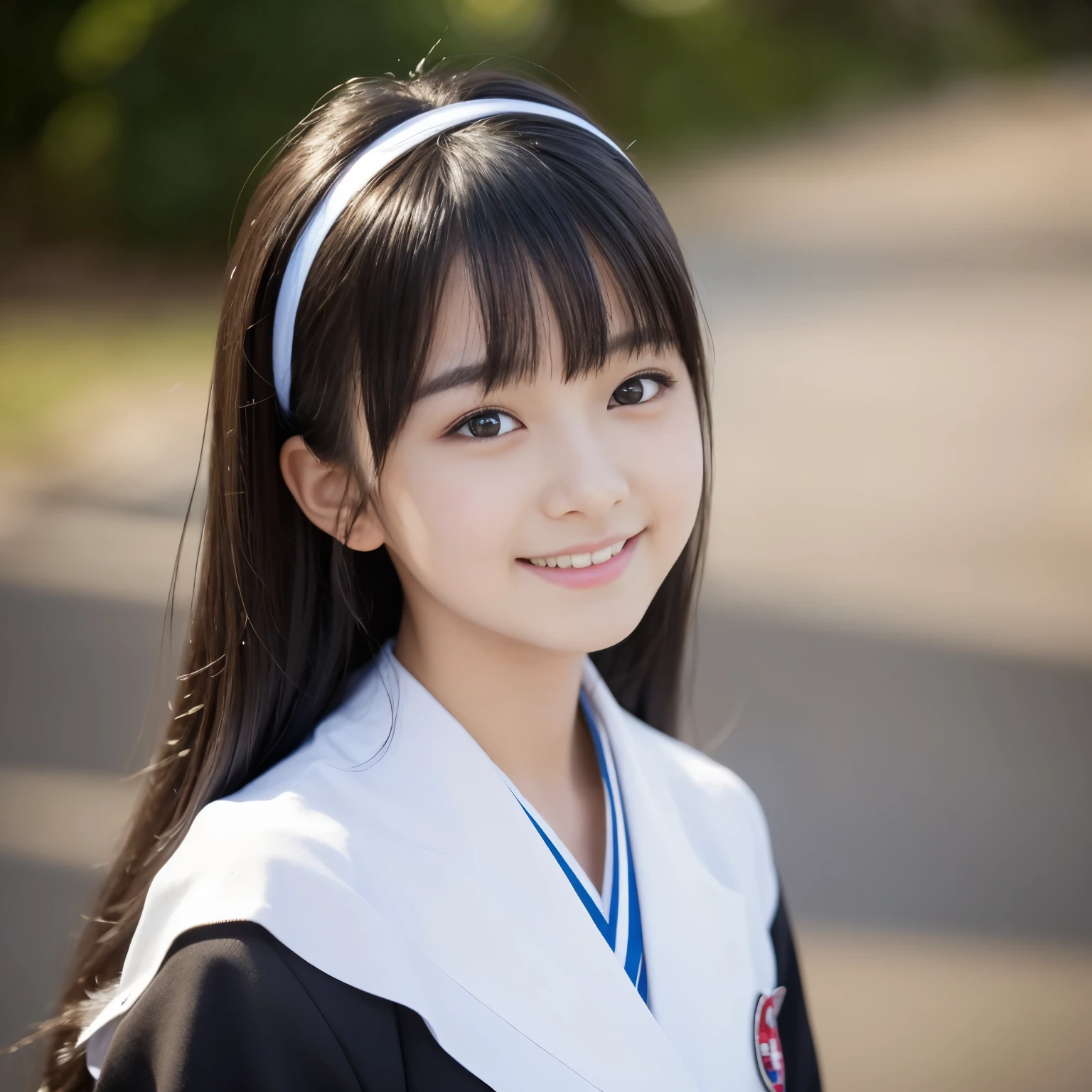 (Best-quality, Masterpiece, Ultra-High-Resolution, (Photorealistic:1.4), Raw-Photo), depth of field, professional lighting, upper body, 1girl, 15-years-old, the most famous Japanese idol, wearing Japanese high-school uniform, the most cute face like the most popular Japanese idol, the most cute big-black-eyes, the most beautiful black-hair, the most cute hairstyle, the most beautiful skins, looking at viewer, innocent-smile