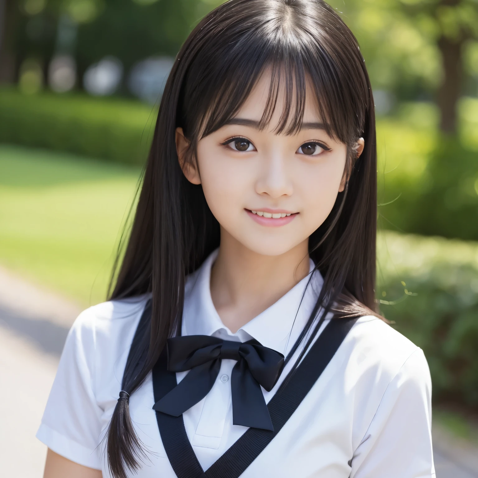 (Best-quality, Masterpiece, Ultra-High-Resolution, (Photorealistic:1.4), Raw-Photo), depth of field, professional lighting, upper body, 1girl, 15-years-old, the most famous Japanese idol, wearing Japanese high-school uniform, the most cute face like the most popular Japanese idol, the most cute big-black-eyes, the most beautiful black-hair, the most cute hairstyle, the most beautiful skins, looking at viewer, innocent-smile
