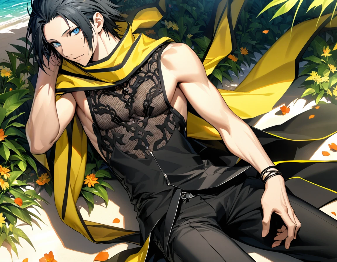 Ultra detailed, Highres, absurdres, HDR, Mochizuki Ryouji, black swept back hair, blue eyes, mole under his eye, Persona 3, yellow scarf with black patterns, green leaves, summer, flowers and petals, handsome, sexy man, black pants, solo