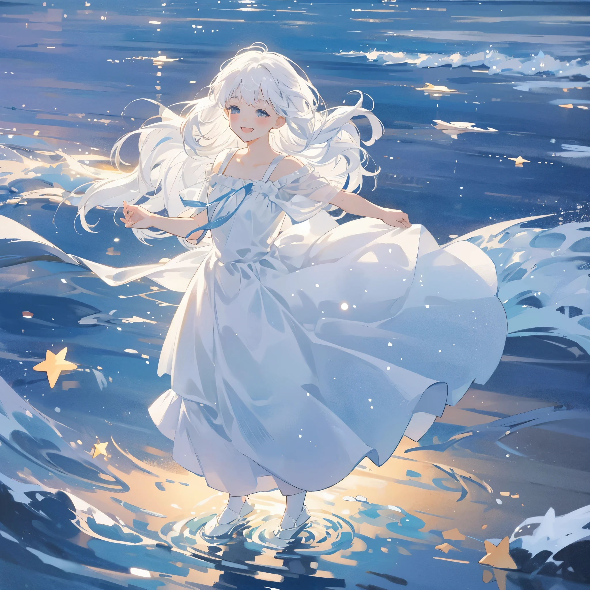 an ocean of stars, night sky, colorful, ethereal, charming girl in a white tutu, white hair, walking on the water, Her smile was filled with tenderness and joy, studio ghibli style