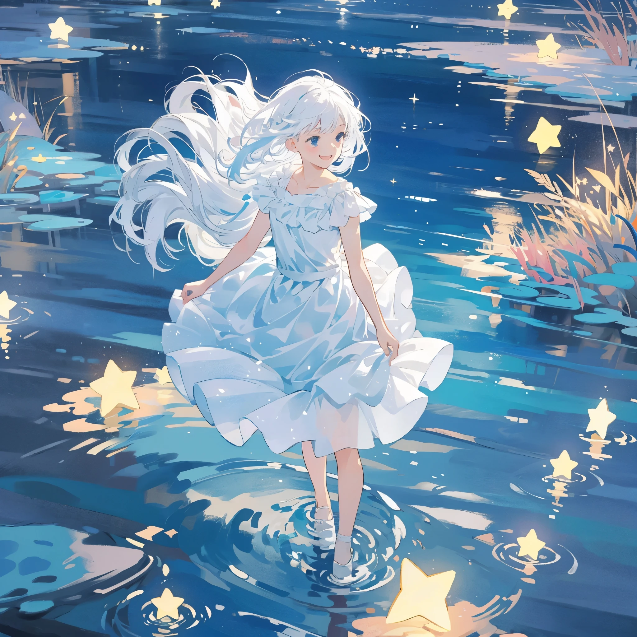 an ocean of stars, night sky, colorful, ethereal, charming girl in a white tutu, white hair, walking on the water, Her smile was filled with tenderness and joy, studio ghibli style