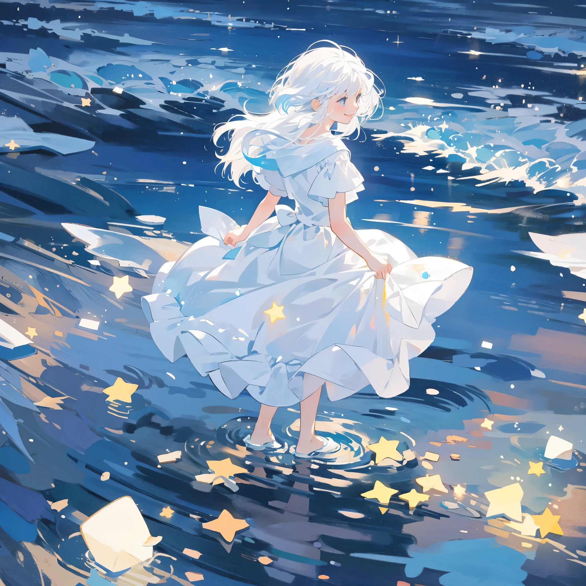 an ocean of stars, night sky, colorful, ethereal, charming girl in a white tutu, white hair, walking on the water, Her smile was filled with tenderness and joy, studio ghibli style