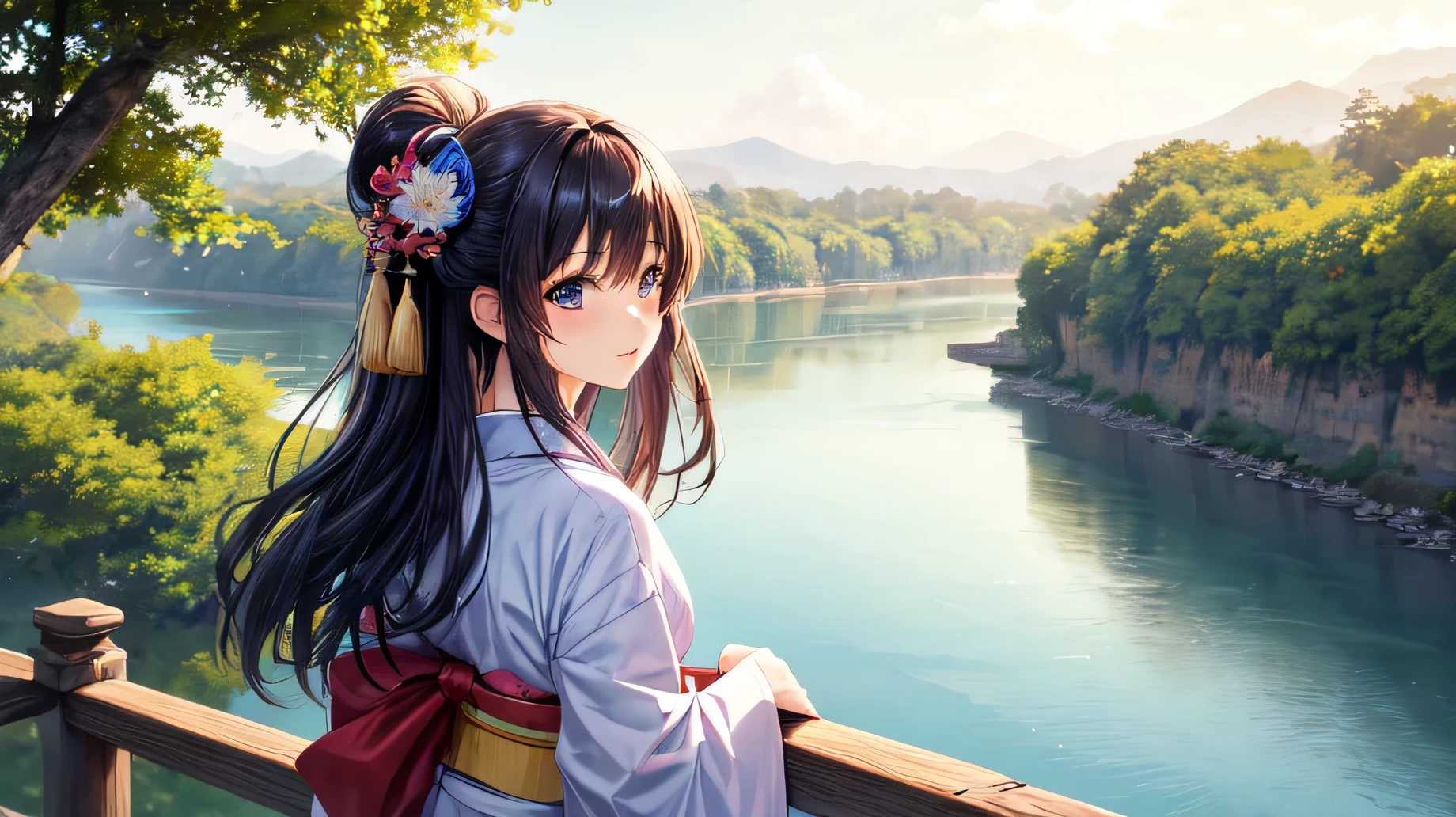 for anime,A beautiful woman in a Japanese kimono is looking at the scenery by the river。morning