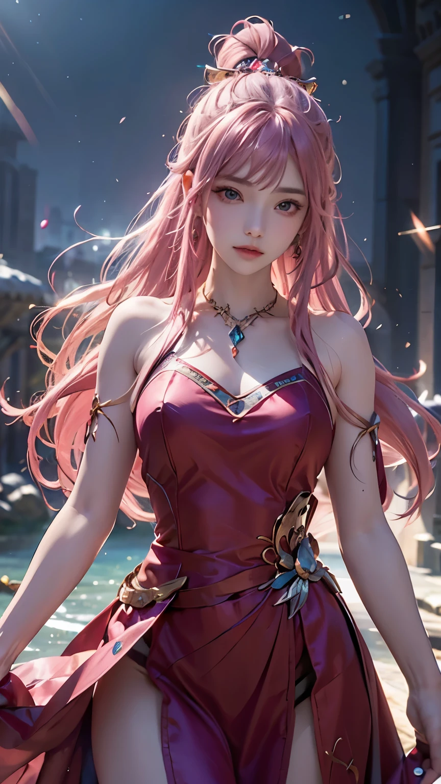 (logo、masterpiece、8k、Tabletop、RAW Photos、wonderful、最high quality、フォトリアルでVery detailedなCG統合8k壁紙、high quality、Very detailed、Narrative poem、Particle Effects、Dynamic Effects、Depth of text、Cinematic Light、Lens flare、Ray Tracing)、Fantasy、(One girl, arms, sword, Long Hair, dress, water, alone, jewelry, red dress, Earrings, hair ornaments, waterしぶき, Ultra-realistic upper body, Hair Bun, Pink Hair, Realistic city background, Lighting,Frank