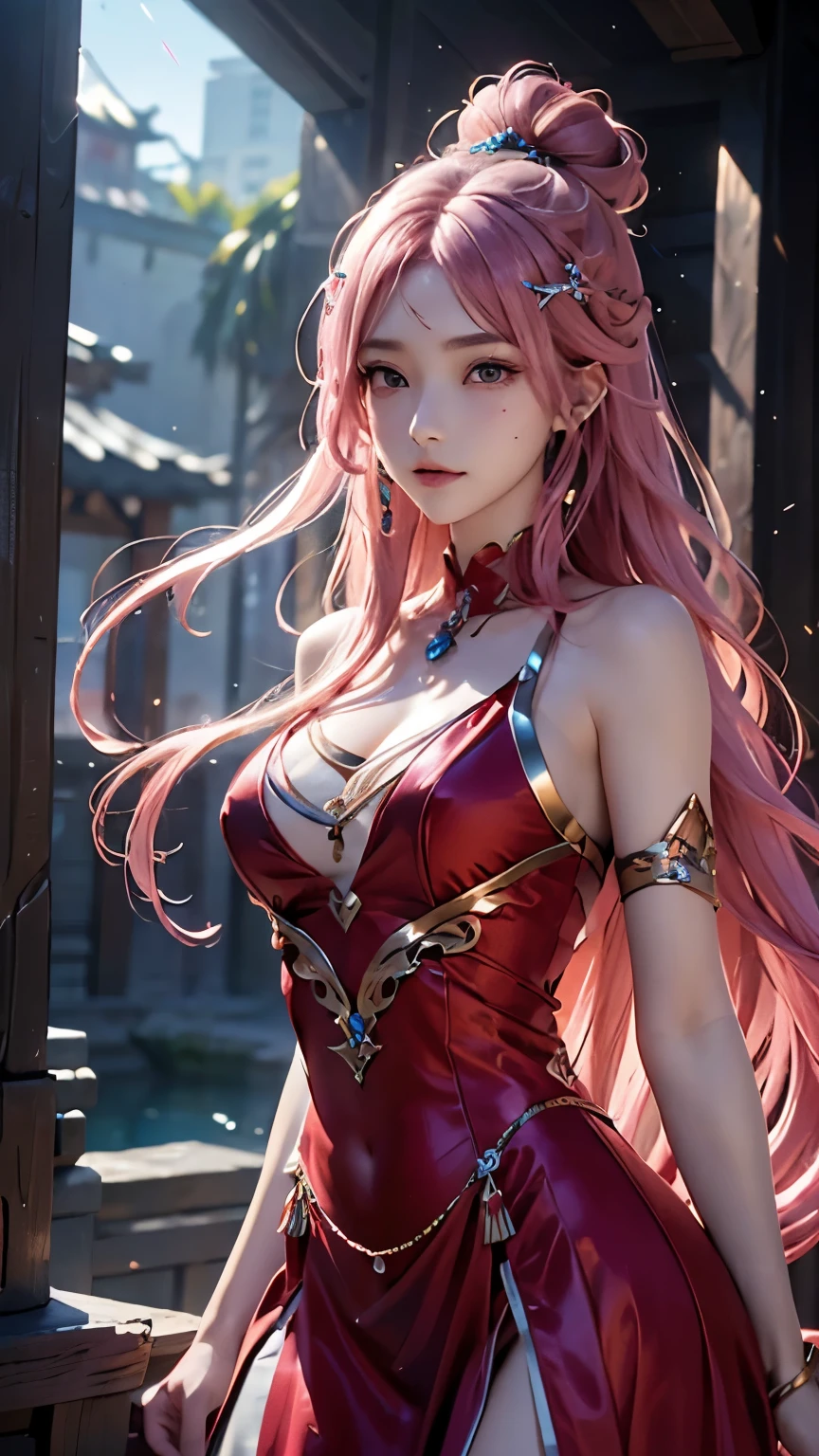 (logo、masterpiece、8k、Tabletop、RAW Photos、wonderful、最high quality、フォトリアルでVery detailedなCG統合8k壁紙、high quality、Very detailed、Narrative poem、Particle Effects、Dynamic Effects、Depth of text、Cinematic Light、Lens flare、Ray Tracing)、Fantasy、(One girl, arms, sword, Long Hair, dress, water, alone, jewelry, red dress, Earrings, hair ornaments, waterしぶき, Ultra-realistic upper body, Hair Bun, Pink Hair, Realistic city background, Lighting,Frank