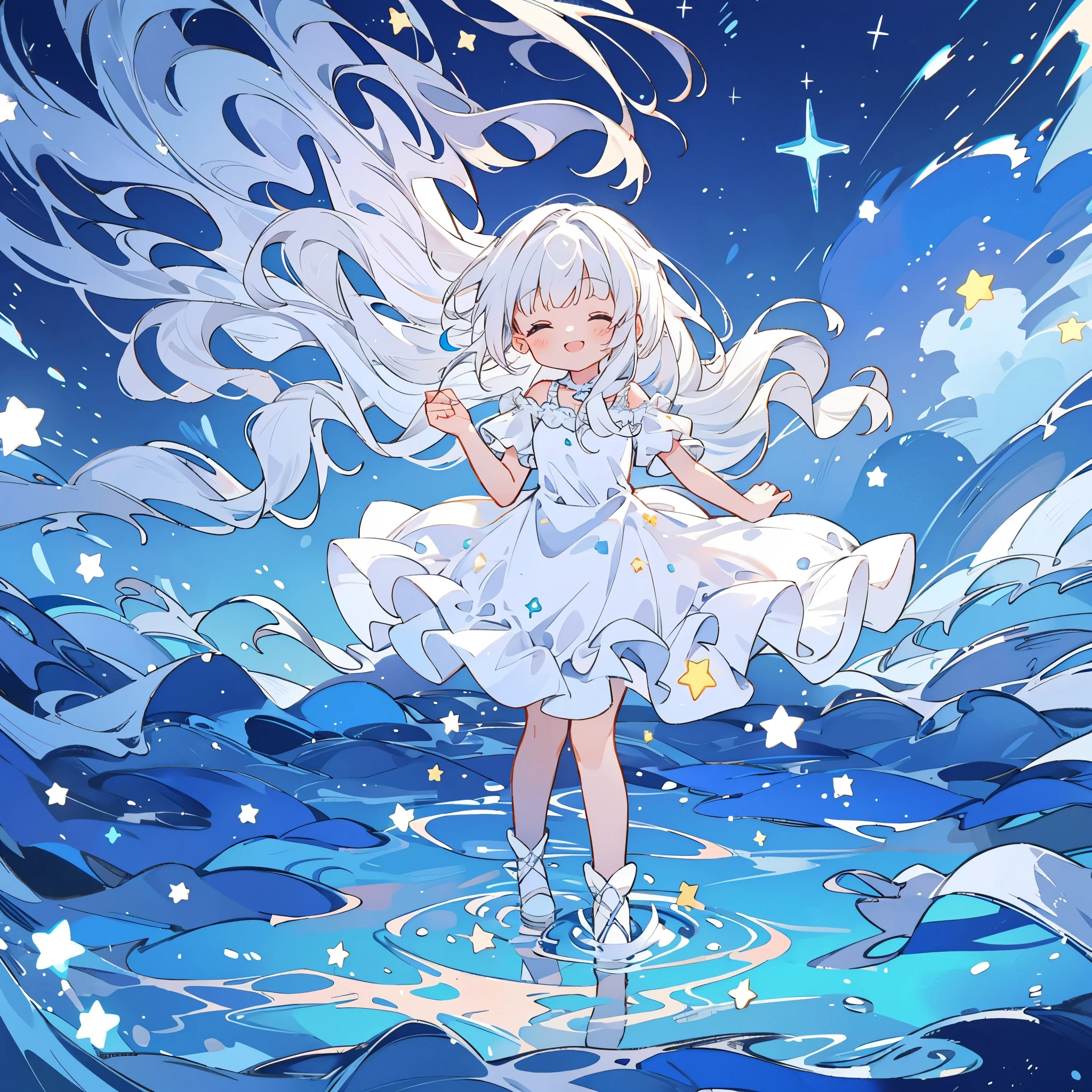an ocean of stars, night sky, colorful, ethereal, charming girl in a white tutu, white hair, walking on the water, Her smile was filled with tenderness and joy