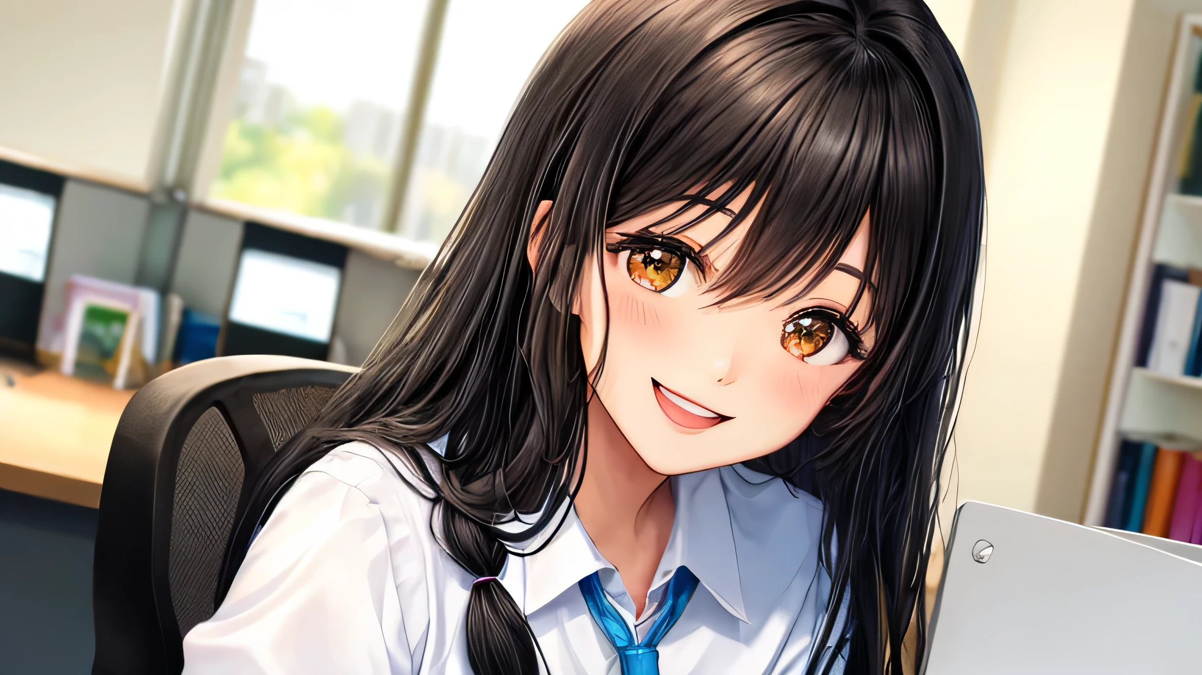 Beautiful OL one person Office work Black Hair Long Hair A big smile Perfect facial expression Perfect hair description