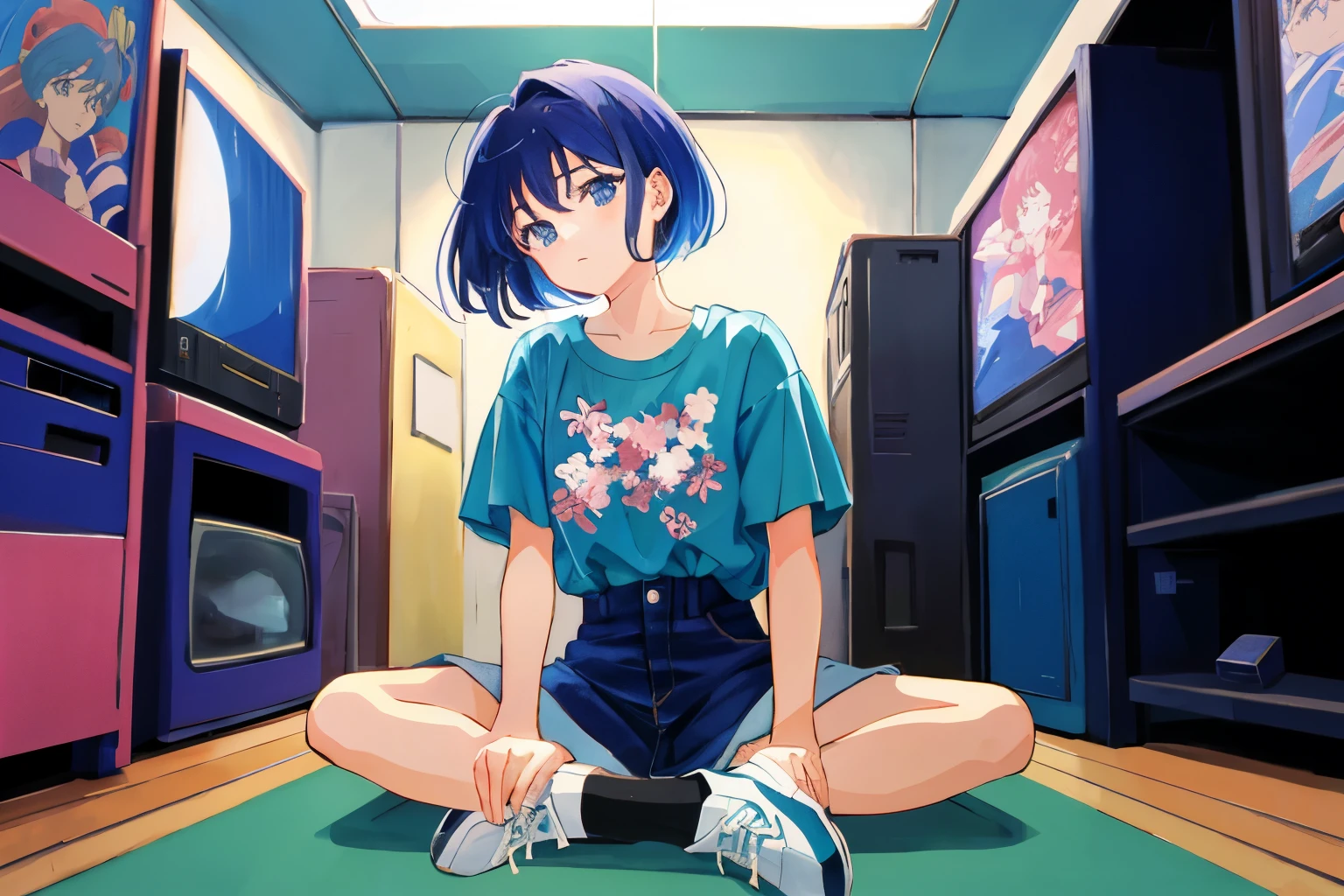 Anime girl sitting on the floor in front of a television - SeaArt AI
