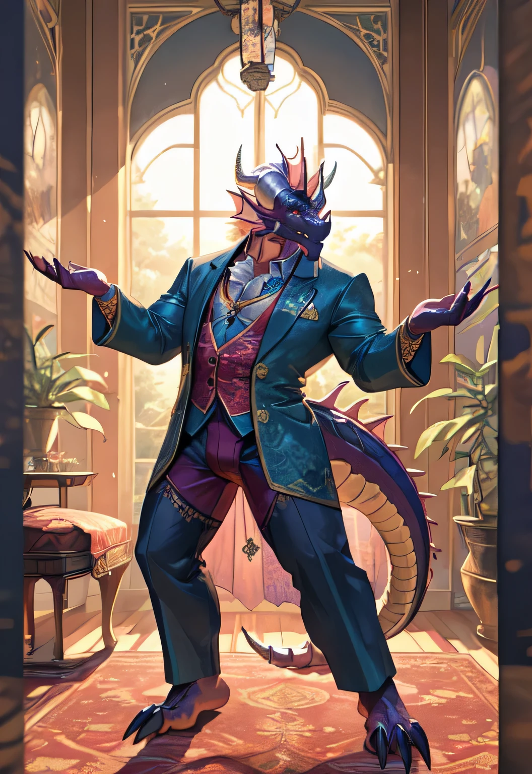 Anthropomorphic female dragon, His body is adorned with luxurious lace underwear, Highlight his muscular body and sharp claws. Wrap his body tightly, Shows chest contours, abdomen, and weapons, Stretch and elegant, Delicate lace pattern glitters in the light、dance to tune. dragon'Tail, Long-lasting and powerful, In sharp contrast to the gorgeous clothing. He has a gold nipple ring,Connected with a delicate chain, Drawing attention to his protruding chest,Highlighting his charming masculinity. dragon'Eyes are attractive, Full of confidence and, Highlight underwear and decorative embellishments. The background of this photo is a luxurious bedroom, Equipped with luxurious furniture and soft, Create an atmosphere of indulgence and sensuality.