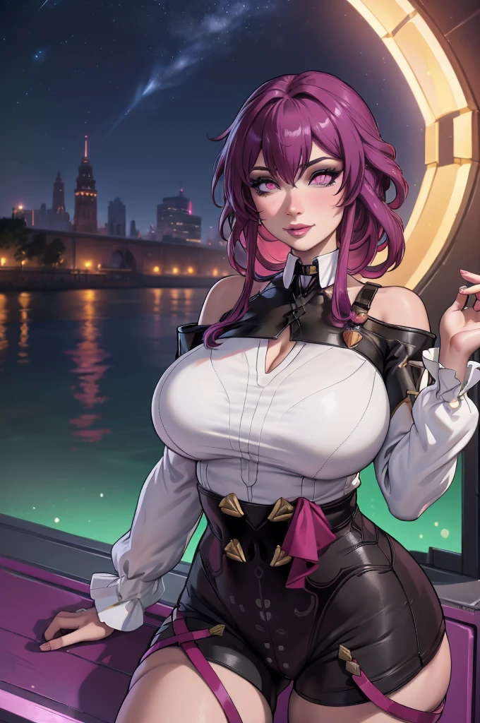 ((night:1.5)),outdoors, ((2d)), ((extremely detailed background)), ((kafka honkai )) ((kafka costumes style)), cityscape, city lights, cowboy shot,dynamic angle, standing, arms behind head, armpits, from side,,hair between eyes, hair ornament, cleavage, 1girl, purple hair, white social t-shirt, black shorts shirt, purple sun sphere glasses, solo,Beautiful Finger,Beautiful long legs,Beautiful body,(mature:1.1),(milf:1.1),(mature female:1.3),make up,parted lips,(shiny skin:1.3),(gorgeous detailed skin),(detailed hair), masterpiece, high quality, highres, absurdres,(beautiful and aesthetic:1.2), beautiful hand, (4K), 8k, perfect balance,(extremely detailed CG unity 8k wallpaper), perfect hand, smile ray_tracing,intricate details,depth of field, extremely delicate and beautiful,professional photography, bokeh, high resolution, sharp detail, best quality, (Beautiful,huge breasts), (beautiful_face), (narrow waist), curvy, thick thighs,