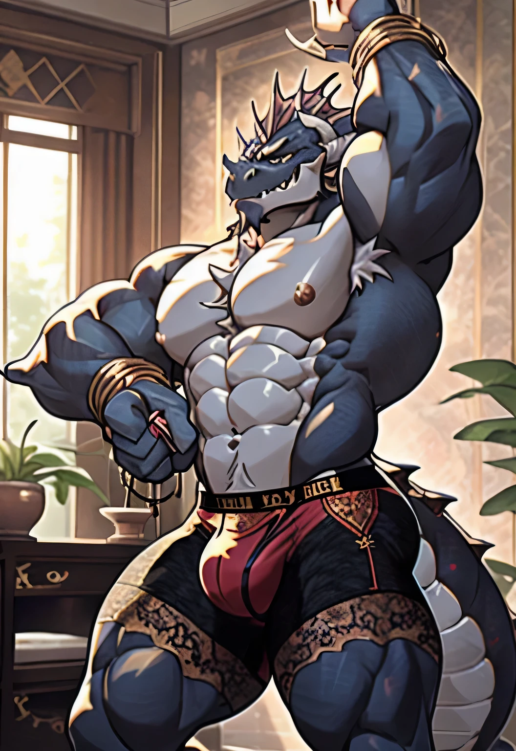 Anthropomorphic female dragon, His body is decorated with luxurious lace underwear, Highlight his muscular body and sharp claws. Wrap his body tightly, Showing the outline of the chest, abdomen, and weapons, Stretch and Elegance, Delicate lace pattern glitters in the light、dance to tune. dragon'Tail, Long-lasting and powerful, In sharp contrast to the gorgeous clothing. He has a gold nipple ring,Connected with a delicate chain, Drawing attention to his protruding chest,Emphasizes his charming masculinity. dragon'Eyes are attractive, Full of confidence and, Highlight underwear and decorative embellishments. The background of this photo is a luxurious bedroom, Equipped with luxurious furniture and soft, Create an atmosphere of indulgence and sensuality.