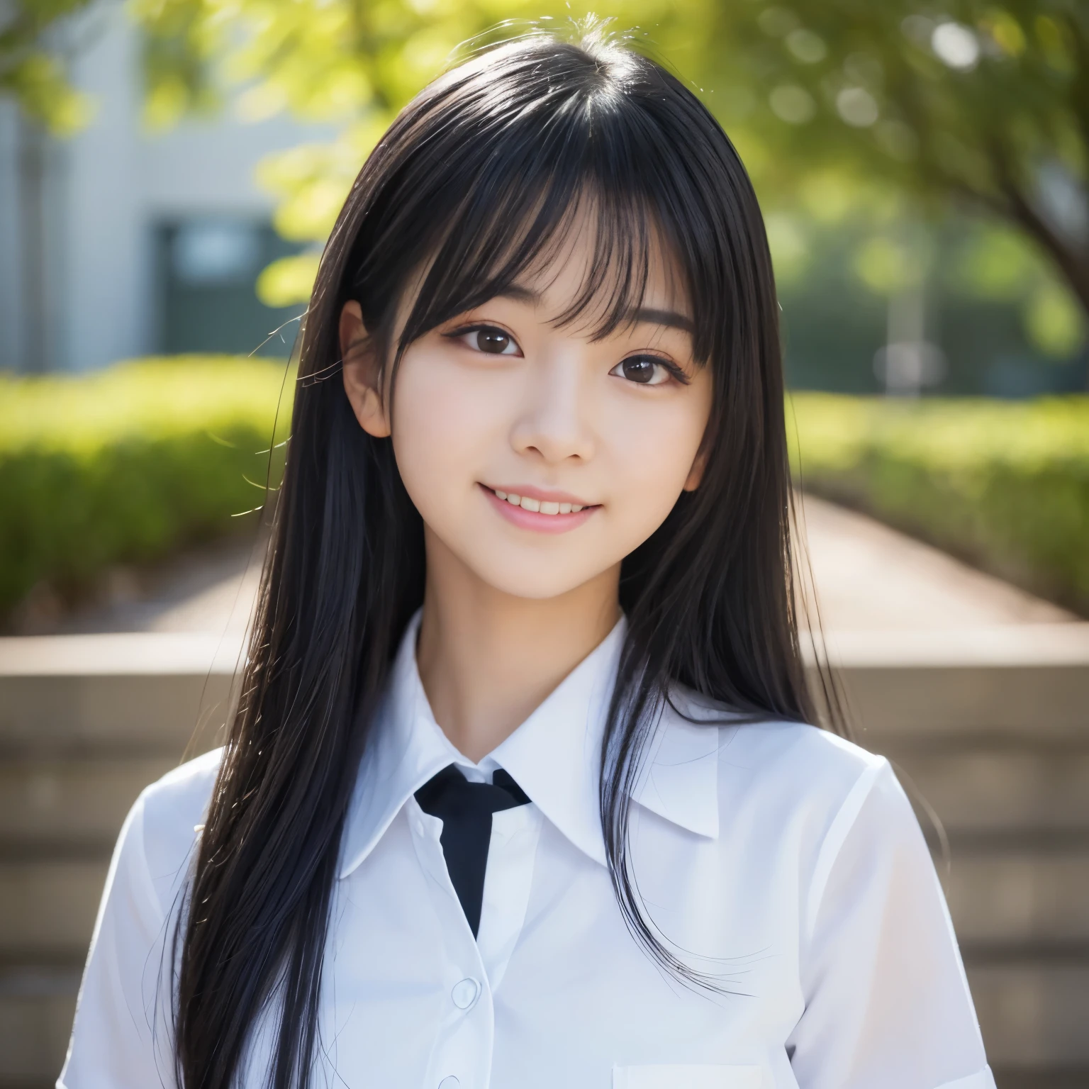 (Best-quality, Masterpiece, Ultra-High-Resolution, (Photorealistic:1.4), Raw-Photo), depth of field, professional lighting, upper body, 1girl, -yeld, thost famous Japanese idol, wearing Japanese high-school uniform, (the most cute face like the most popular Japanese idol, ((the most cute big-black-eyes)), the most beautiful black-hair), the most cute hairstyle, (the most beautiful skins), the most cute long-eyelashes, the most cute lips, looking at viewer, innocent-smile 