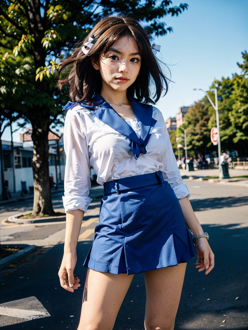 (1 lady), (Best quality at best:1.4), (ultra - detailed), (extremely detailed CG unified 16k), A Beautiful Woman with Perfect Figure: 1.4, Sharp Focus: 1.2, very detailed, High-definition RAW color photo, professional photoshooting, amazing face and eyes, cosmetics, (amazingly beautiful girl), ((suzumiya haruhi)), ((kita high sch0ol uniform, blue sailor collar, blue skirt, armband, hairband, medium hair, ribbon, socks)), standing posture, (look from down), realistic cinematic face, head to feet long wide zoomed out view, full body long view, photorealistic, ((realistic natural caramel brown hair style, brown eyes)), gorgeous, extremely beautiful face, perfect model beauty, pout mouth, Highly Detailed Face and Skin Texture, Detailed Eyes, Double Eyelids, Medium Breasts, smiling hard, cleavages, western, (masterpiece), best quality, high resolution, extremely detailed, depth of field, cinematic lighting, amazing legs, high heels, clear and well-cared skin, (background: nature, tree, park)