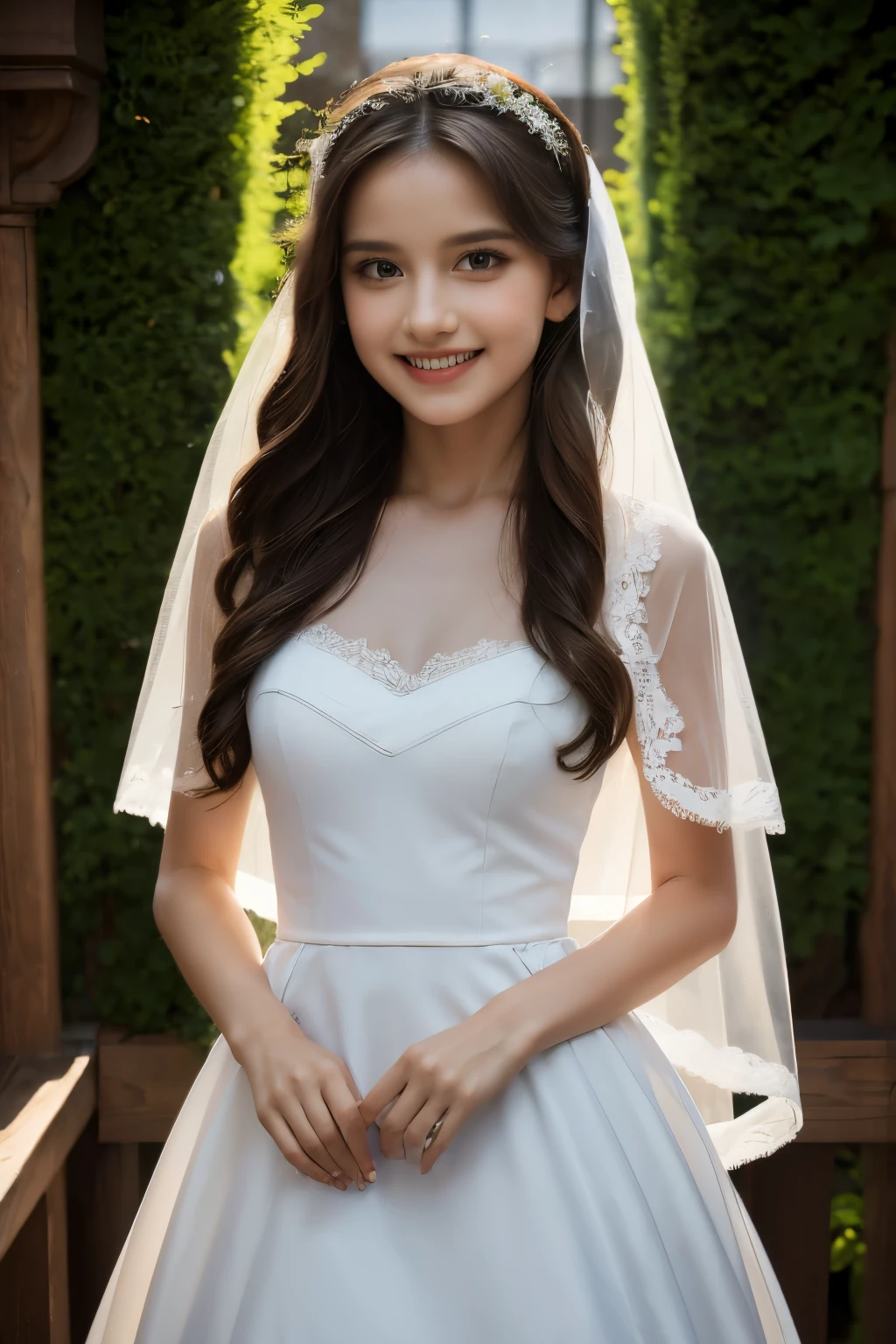real photo, high resolution, 8k (best quality,4k,8k,highres,masterpiece:1.2), posed as for a magazine, Italian style, traditional attire, elegant pose, detailed lace dress, delicate overall lighting, soft and warm color tones, classic portraiture, capturing the innocence and beauty of the moment, fine art photography, vibrant colors, exquisite details of the lace veil, intricate floral arrangements, expressive eyes and charming smile.