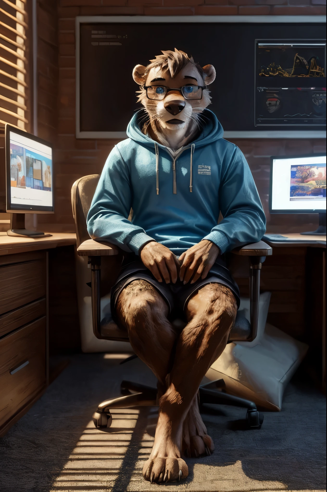 (((Barefoot furry character, full body, cinematic setting, furry male, plantigrade))) 

computer class scene with a tech-savvy otter ((teacher)) wearing a hoodie and glasses, sitting at a computer desk surrounded by monitors and circuit boards. This otter represents the evil embodiment of ICT as a school subject, depicting stereotypes and prejudices towards ICT teachers.

BREAK, detailed background, 8K, (masterpiece:1.5), intricate details, highly detailed, extreme detail, octane render, fine art, best quality, highres, (detailed face:1.5), ((full_body)), UHD, (((perfect hands))), low light