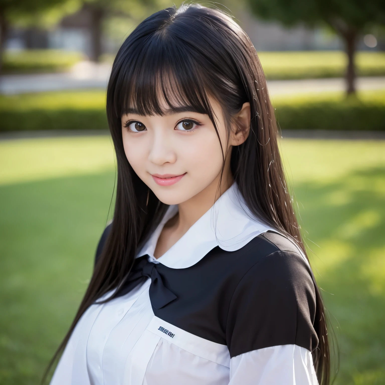 (Best-quality, Masterpiece, Ultra-High-Resolution, (Photorealistic:1.4), Raw-Photo), depth of field, professional lighting, upper body, 1girl, 15-years-old, the most famous Japanese idol, wearing Japanese high-school uniform, (the most cute face like the most popular Japanese idol, ((the most cute big-black-eyes)), the most beautiful black-hair), the most cute hairstyle, (the most beautiful skins), the most cute long-eyelashes, the most cute lips, looking at viewer, innocent-smile 