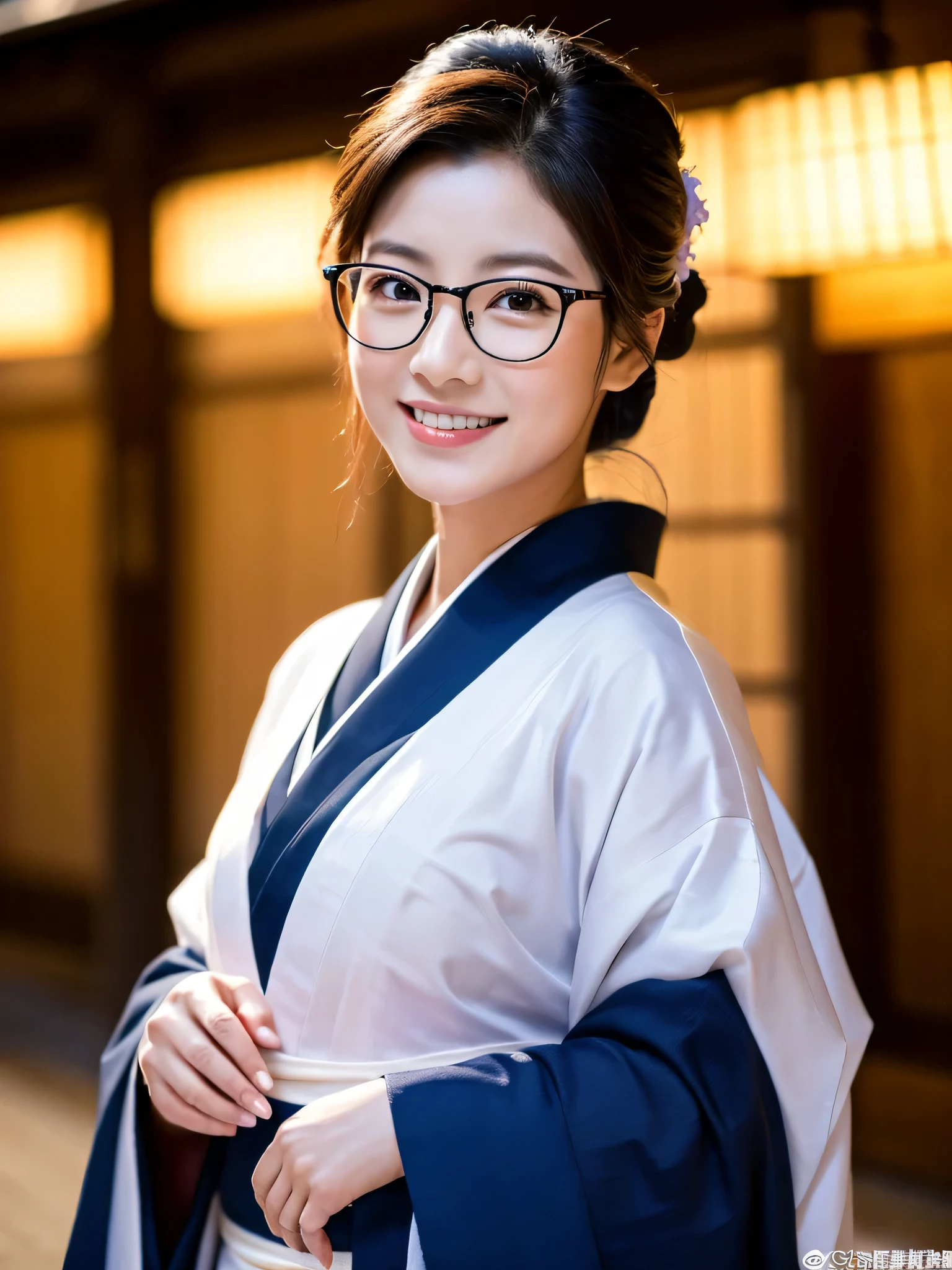 (Super beautiful woman in kimono)、((highest quality、8K masterpiece:1.3))、sharp focus:1.2、(super beautiful face:1.0)、(shiny skin:1.0)、realistic pictures、black hair、video lighting、High resolution eyes and face、video lighting、japanese actress、from the front、big breasts、with a happy smile、Slender abs beauty、whole body、wearing a kimono、in Kyoto、luxury obi、In Kyoto at night、wearing glasses