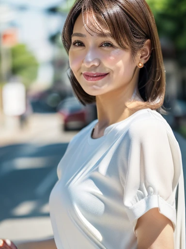 Full body of a 45-year-old Japanese woman holding a white Garbage bag She is wearing black bottoms、Wearing a brown short-sleeved top Hair tied in a ponytail Has a slightly plump figure Holding a white garbage bag in both hands semi-long、((brown hair、beautiful hair shiny hair 8k,(RAW Photos),(highest quality),( (masterpiece:1.5)),(Super detailed),(Ultra-high resolution,),( (Realistic, photo Realistic:1.5)),(very detailed, 8k wallpaper) ,(very detailed face, very),(Take beautiful full-body photos),(Fine grain, very detailed skin),(very detailed fingers),(very detailed nose),(This girl has a straight hairstyle.),(soft, A seductive smile with a subtly seductive gaze, .)Has a slightly plump figure
