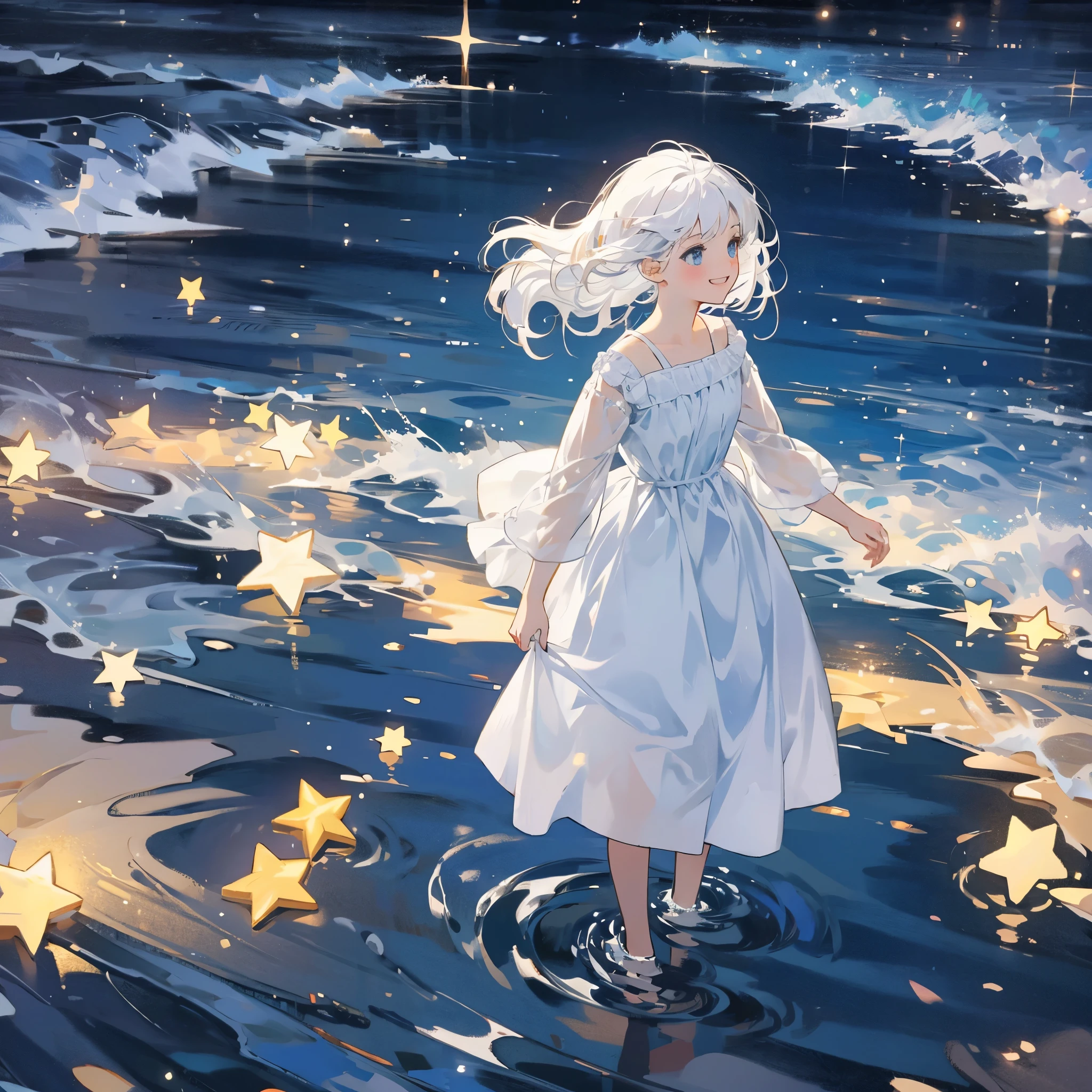 an ocean of stars, night sky, colorful, ethereal, charming girl in a white tutu, white hair, walking on the water, Her smile was filled with tenderness and joy