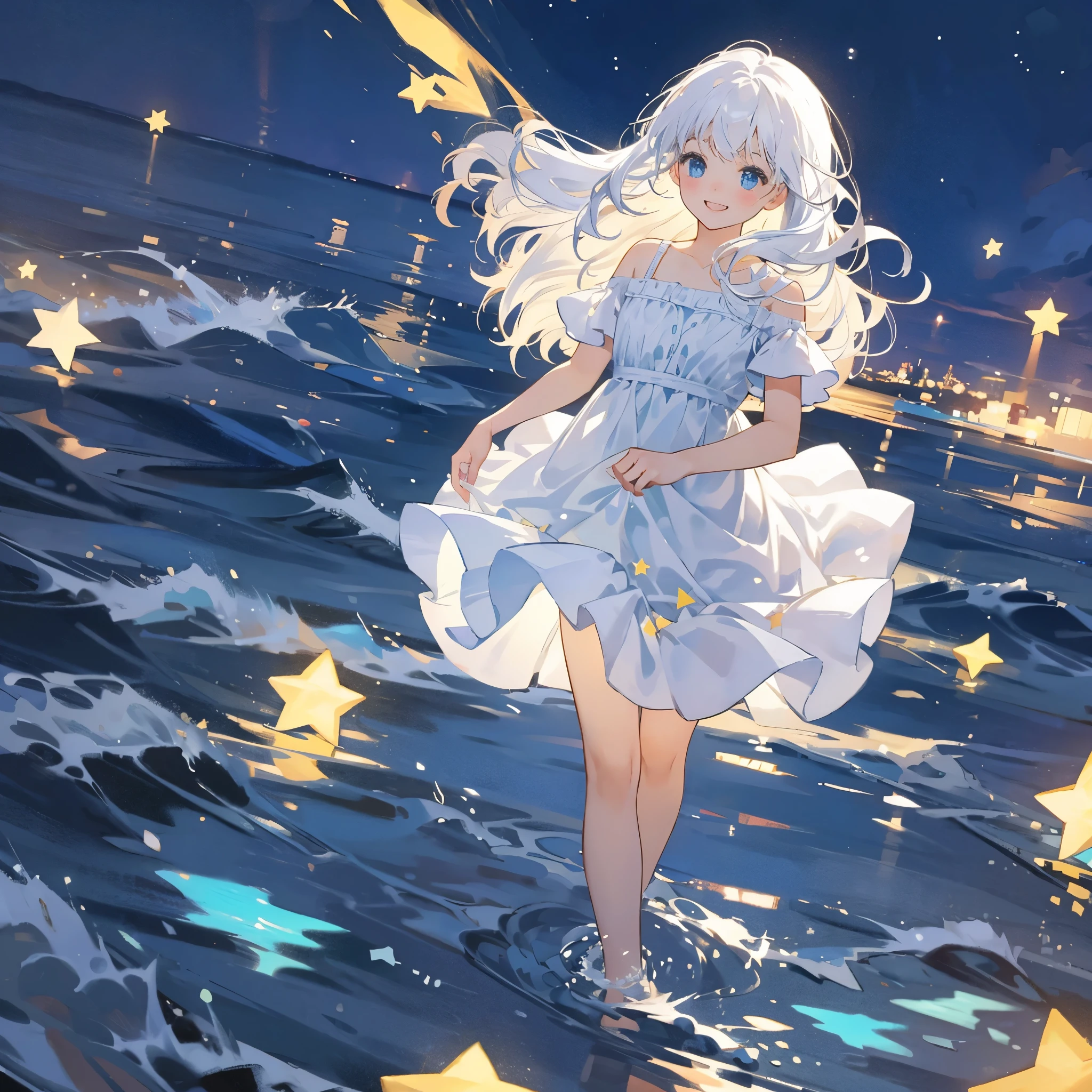 an ocean of stars, night sky, colorful, ethereal, charming girl in a white tutu, white hair, walking on the water, Her smile was filled with tenderness and joy