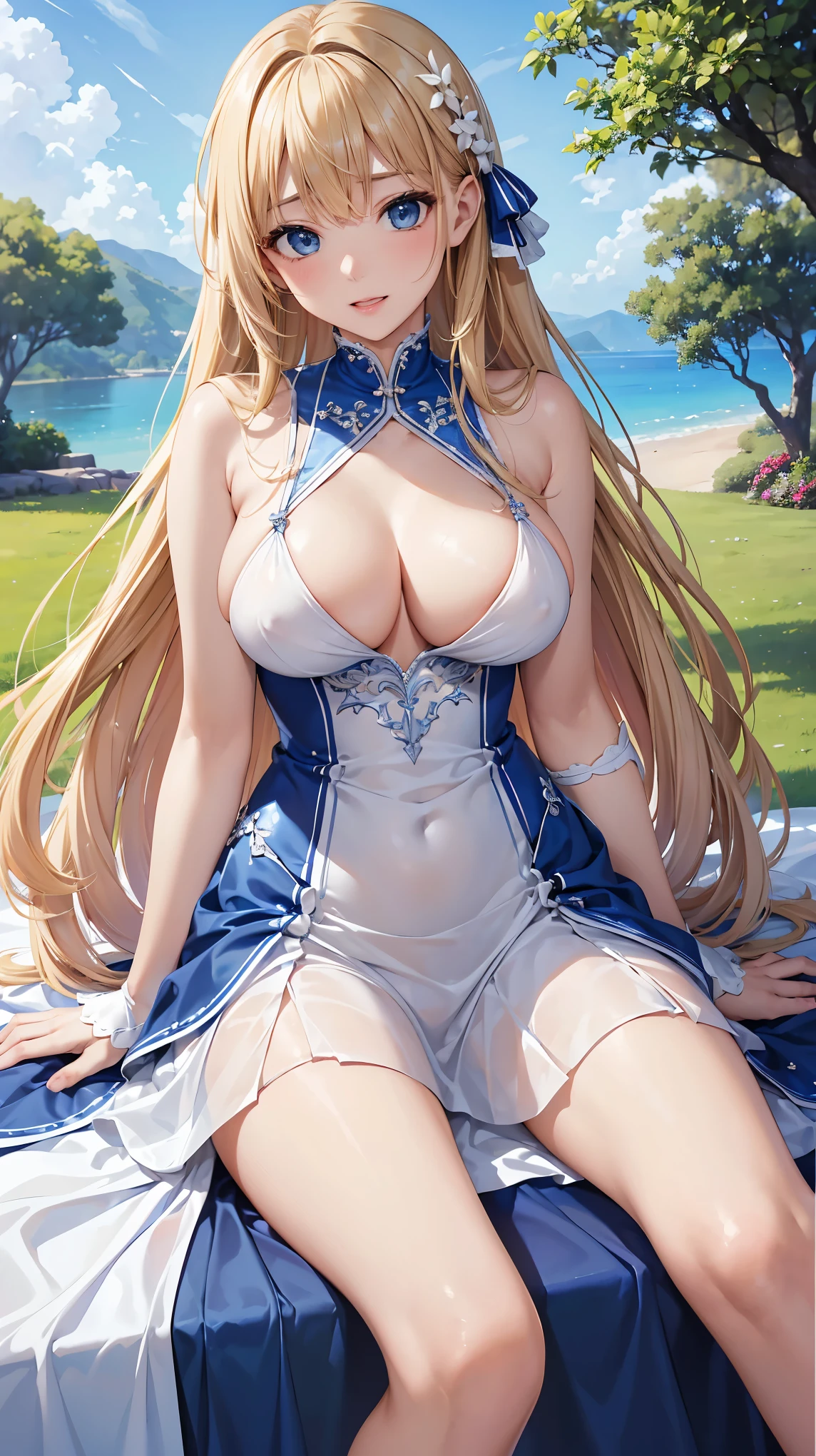 ((highest quality、High resolution))、A beautiful woman、Perfect body、beautiful ample breasts、Long blonde、bangs、Blue and white、embellished sexy dress、skirt、a sexually excited look、Legs wide open、(I'm inviting you to have sex)、Outdoor Scenery