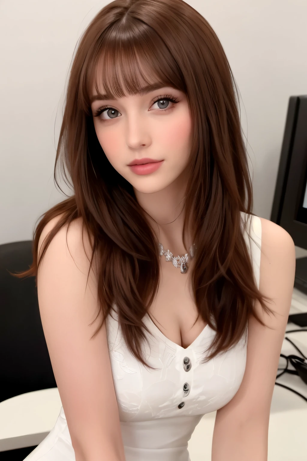 A 28-year-old woman with white but not pale skin, ojos color marron con una mirada de dureza, su cabello es rojo cereza y largo, tiene una nariz respingada y labios finos. En la imagen quiero que se vea realista y ella este con un rostro sexy. Ella se encuentra en una oficina con un vestido rojo que convina con su cabello. CABELLO ROJO
