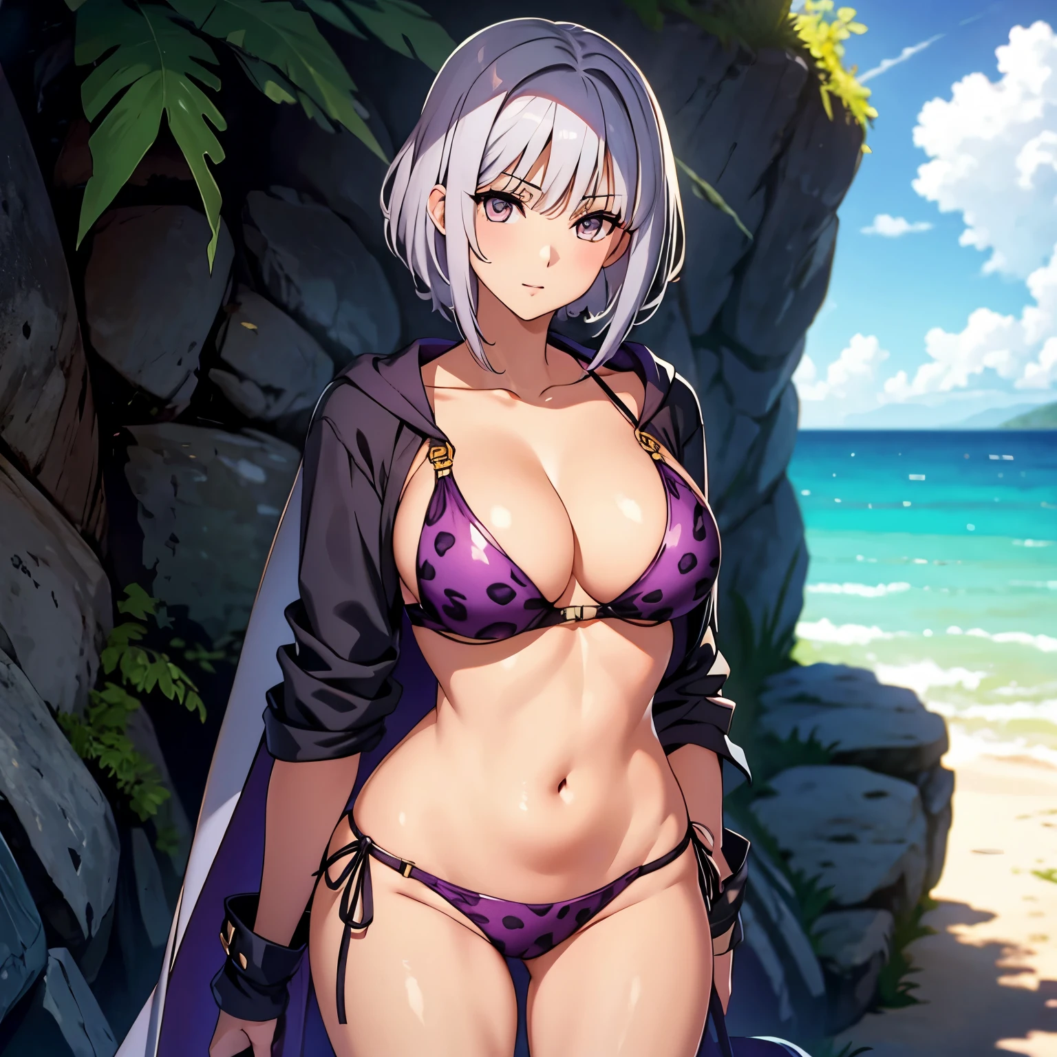 beautiful girl 30 years old short silver hair. cinta en su cabeza violeta. cabello corto. pechos grandes sonrisa picara. purple leopard print bikini,. de pie en medio de un una playa soleada cuerpo mojado. gotas de agua. una sola mujer. in front of the camera. de pie.