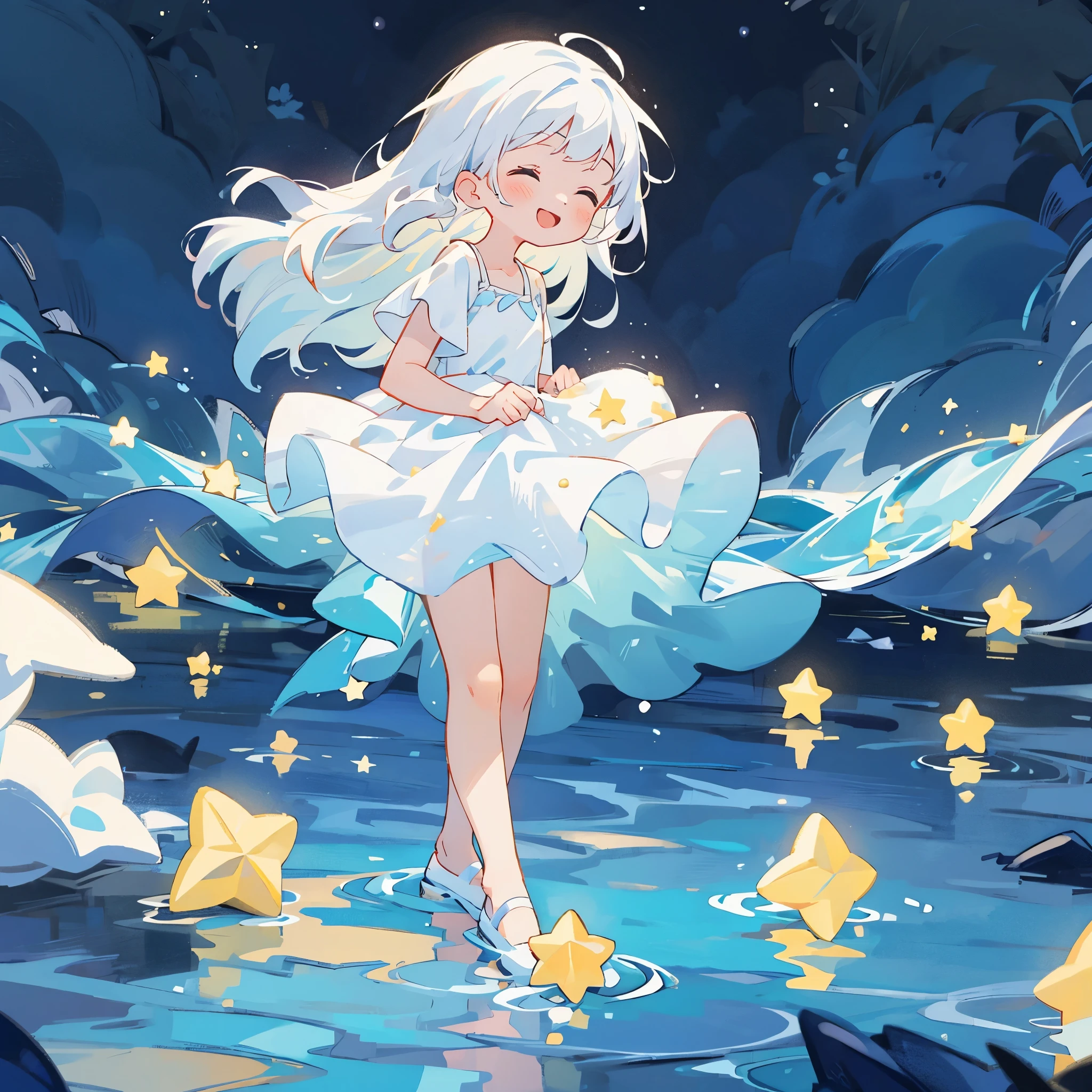 an ocean of stars, night sky, colorful, ethereal, charming girl in a white tutu, white hair, walking on the water, Her smile was filled with tenderness and joy