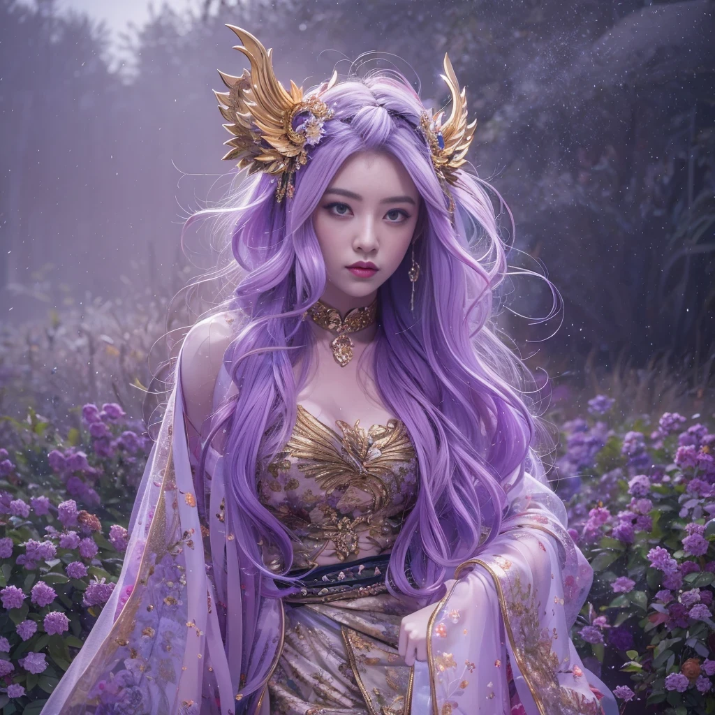 32K（tmasterpiece，k hd，hyper HD，32K）Long flowing lilac hair，Back basement，zydink， a color，  Xuzhou people （Silly girl）， （Silk scarf）， Combat posture， looking at the ground， long whitr hair， Floating lilac， Fire cloud pattern light gold headdress， Chinese long-sleeved gold silk garment， （abstract ink splash：1.2）， smoky background，Lotus protector（realisticlying：1.4），lilac purple hair，Fog on the road，smoke in the background， A high resolution， the detail， RAW photogr， Sharp Re， Nikon D850 Film Stock Photo by Jefferies Lee 4 Kodak Portra 400 Camera F1.6 shots, Rich colors, ultra-realistic vivid textures, Dramatic lighting, Unreal Engine Art Station Trend, cinestir 800，Long flowing lilac hair，Light transparent clothes