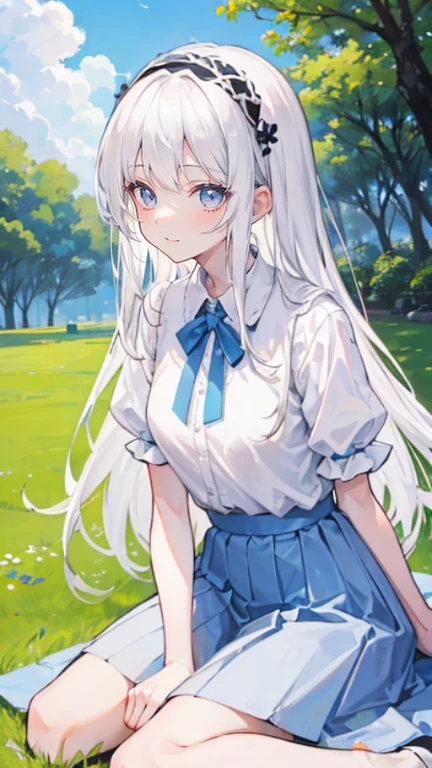 White hair，Long hair，Bangs，Bangs整齐，Hairband，Gray eyes，girl，cute，laughing expression，Happy and happy expression，White shirt，skirt，Sit on the ground and play，whole body，Don't show your arms，The background is a lawn，Blue sky and white clouds