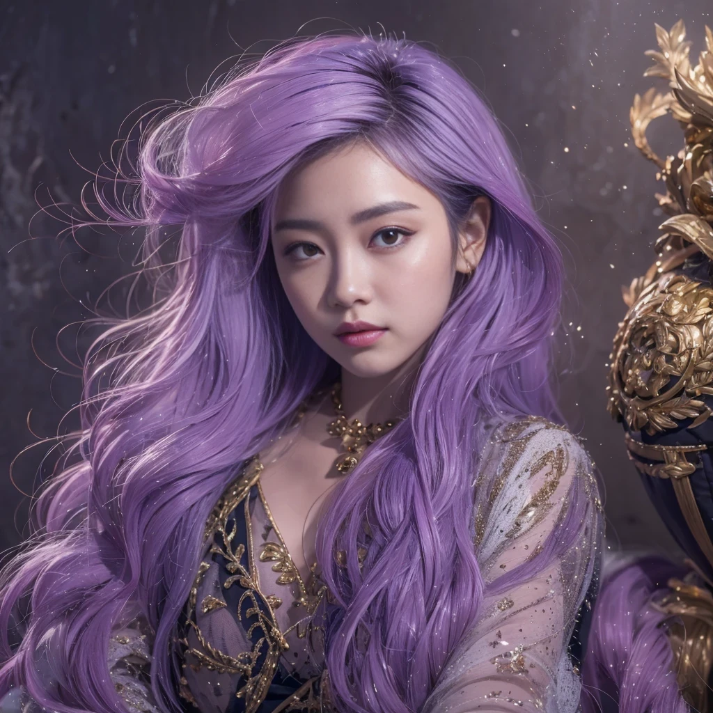 32K(tmasterpiece,k hd,hyper HD,32K)Long flowing lilac hair,Back basement,zydink, a color, Xuzhou people (Silly girl), (Silk scarf), Combat posture, looking at the ground, long whitr hair, Floating lilac, Fire cloud pattern light gold headdress, Chinese long-sleeved gold silk garment, (abstract ink splash:1.2), smoky background,Lotus protector(realisticlying:1.4),lilac purple hair,Fog on the road,smoke in the background, A high resolution, the detail, RAW photogr, Sharp Re, Nikon D850 Film Stock Photo by Jefferies Lee 4 Kodak Portra 400 Camera F1.6 shots, Rich colors, ultra-realistic vivid textures, Dramatic lighting, Unreal Engine Art Station Trend, cinestir 800,Long flowing lilac hair,Light transparent clothes