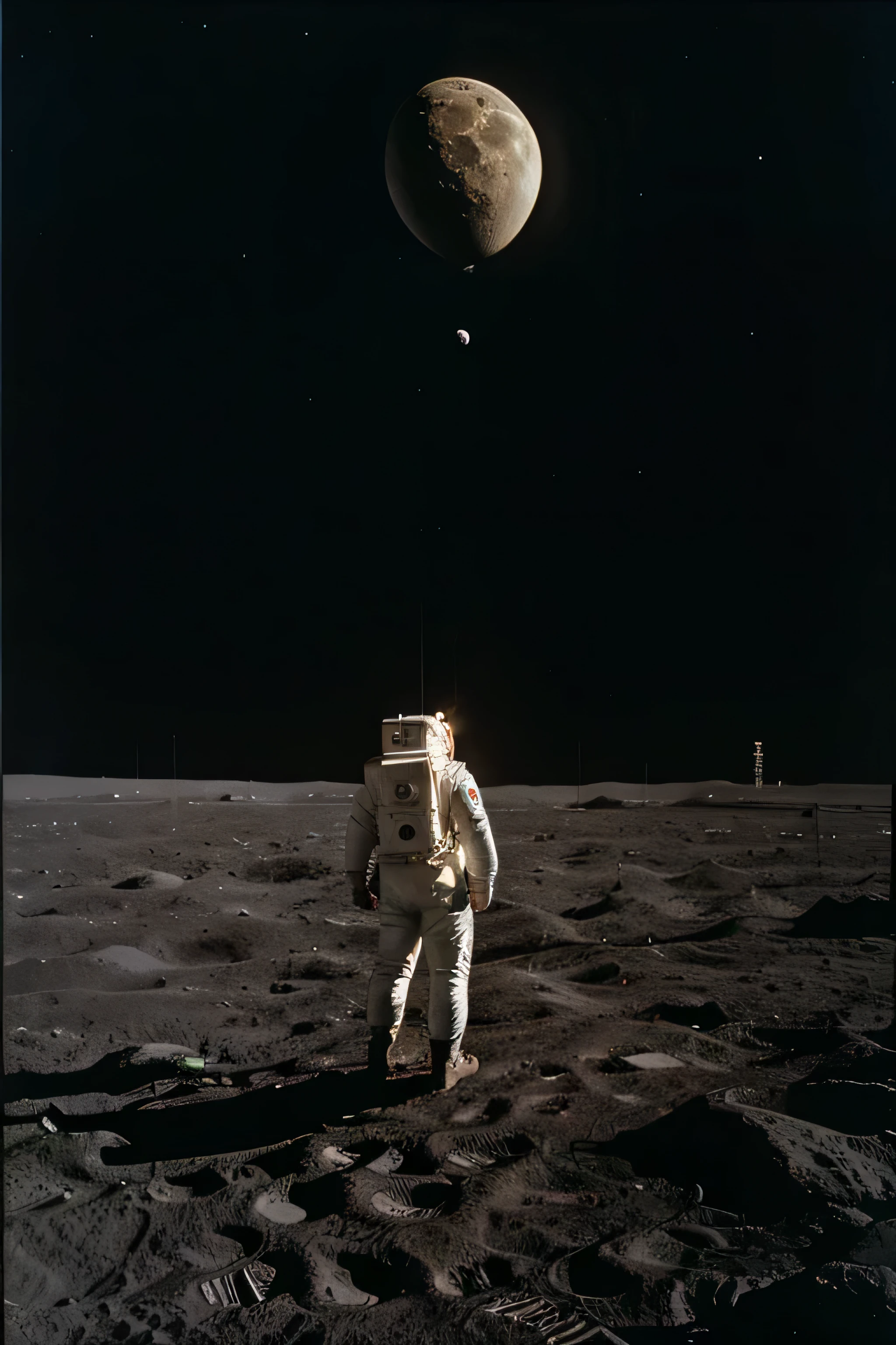 Astronaut on his back, floating on the moon, view from the back