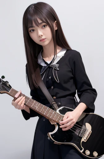 best quality, detailed, beautiful, insanely detailed, absurdres,perfect anatomy, Japanese woman,black hair,27 years old, (slender), (small breasts best quality),akiyama_mio,long straight hair,2010s,sketch,k-on,Sakuragaoka High , whole body, guitar,