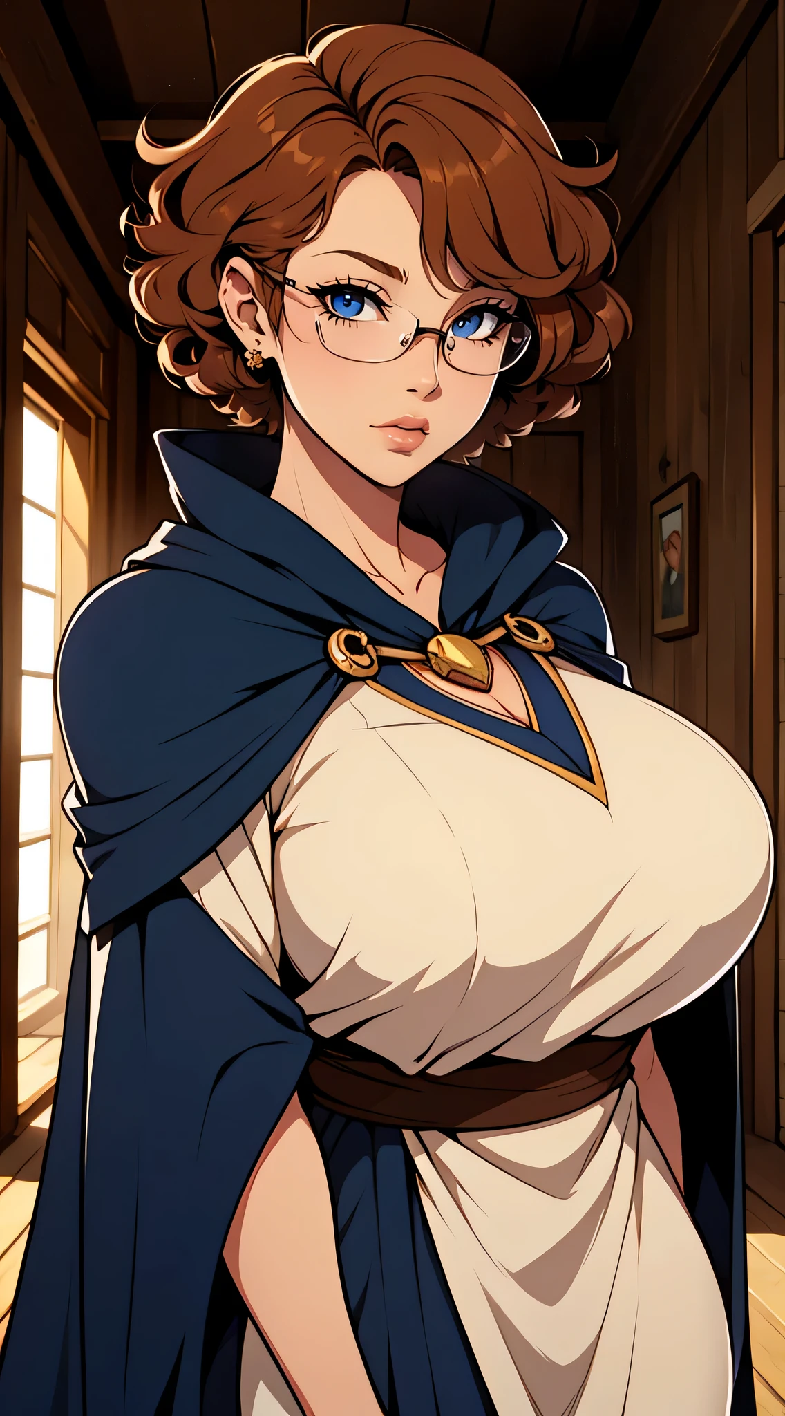 alone, woman, Sunburn, Curly Hair, (((short hair))), Light Mahogany Hair, lipstick, eyeliner, eyelash, thick eyelash, Big Breasts, linen tunic, (Navy Cape), Glasses, fantasy village, mature woman