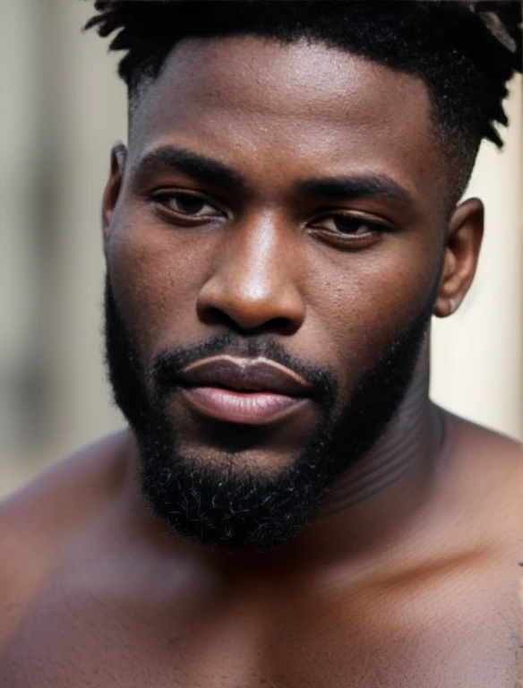 Hyper realistic , ultra detailed, photo of ruggedly handsome African man, 30 years old, thick masculine eyebrows, big lips, prominent lips, defined lips, tattooed, Front facing, ultra detailed, ultra accurate detailed, Shot with canon EOS RI camera at 50 mm focal length with a 1.4 aperture. 4k, 8k. Heavy makeup and a coy expression, photo taken on the streets of brooklyn, new york