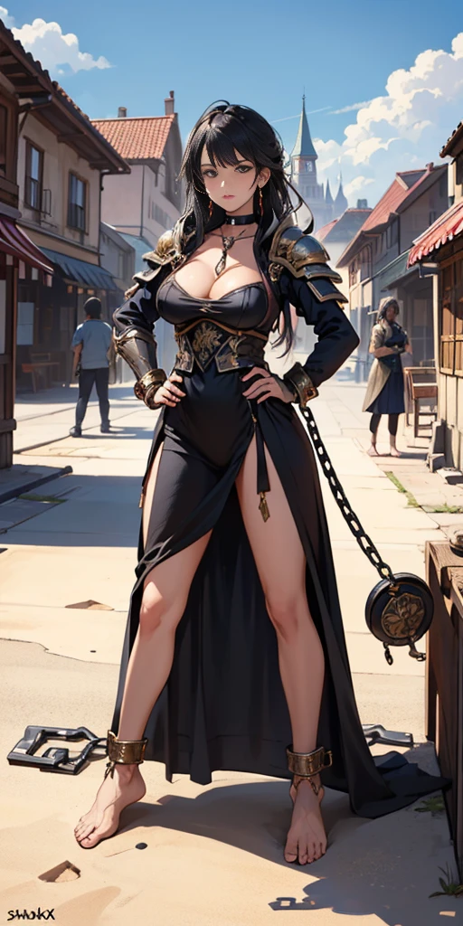 full body, barefoot, solo, female, big breast ,linen tunic, fantasy village, armor, Handcuffs on their hands, With a collar around the neck, hands on hips, slave, ((black choker, shackles on legs and arms))